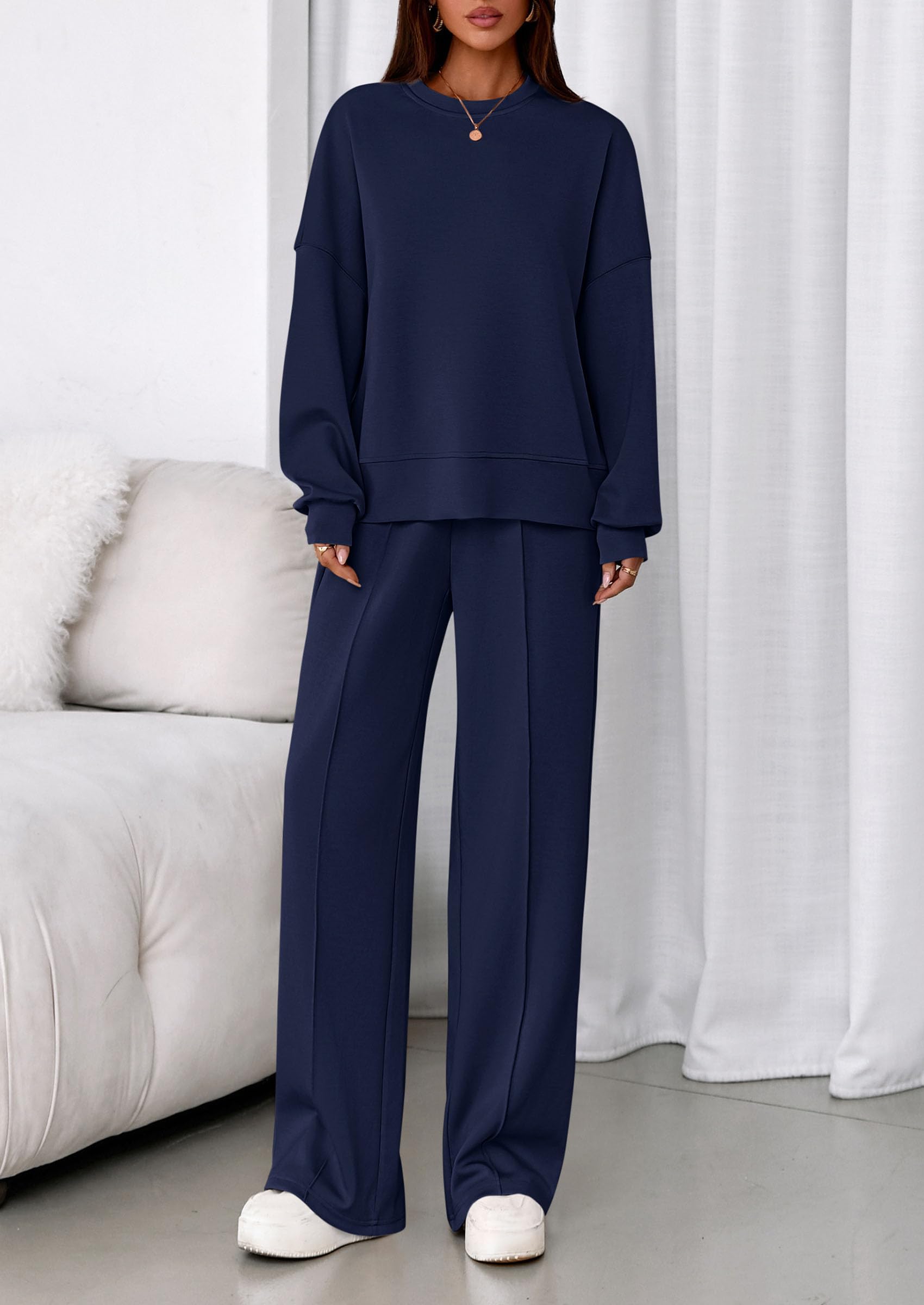 Womens Long Sleeve Sweatshirt 2 Piece Sets,Navy,S