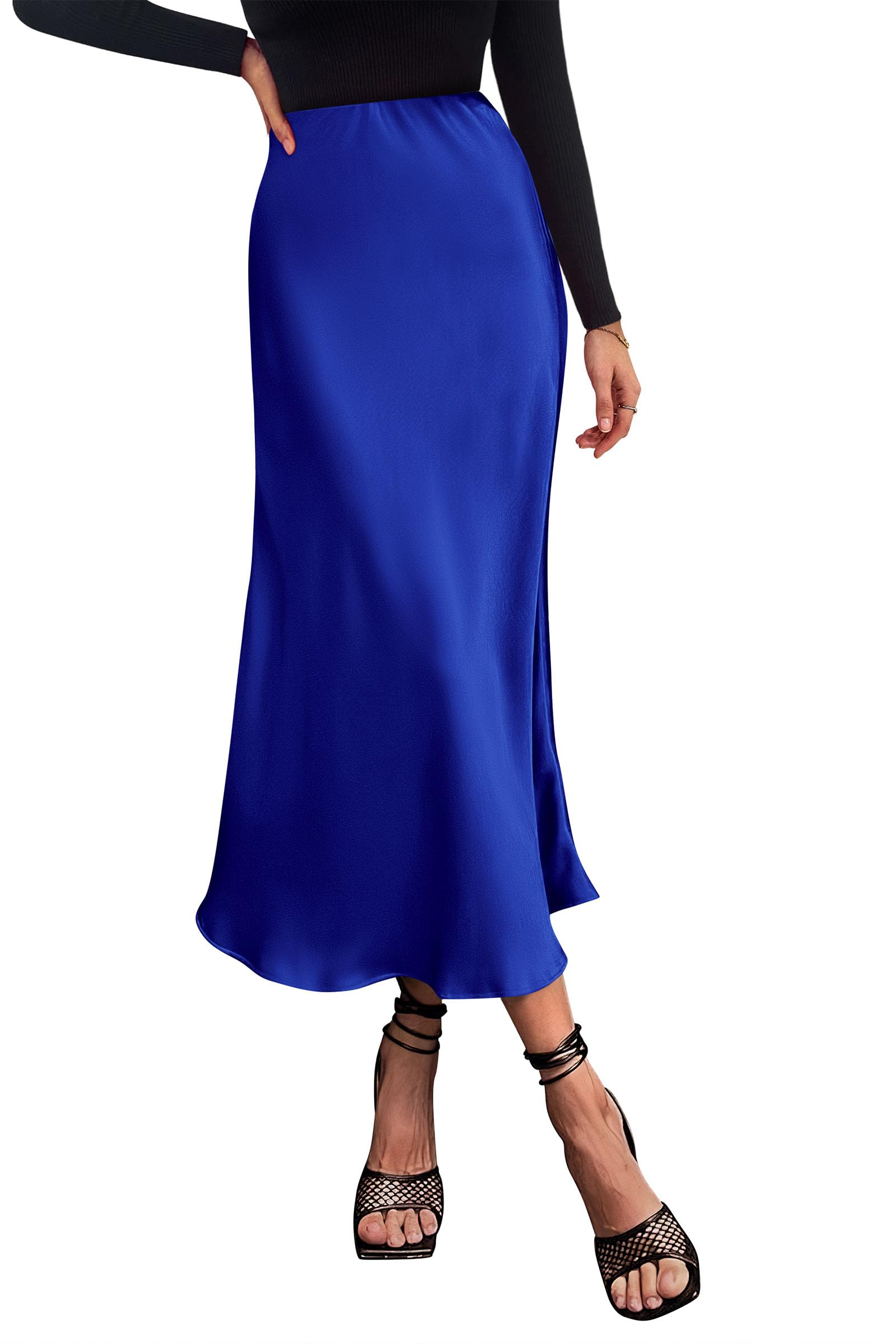 Women's Satin Midi Skirts Dressy Casual,Royal Blue,S