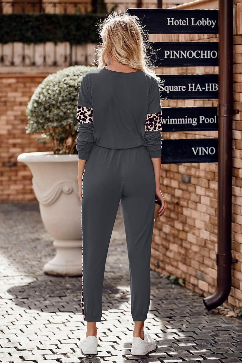 Women Color Block 2 Piece Sets Tracksuit,Leopard Dark Grey,S