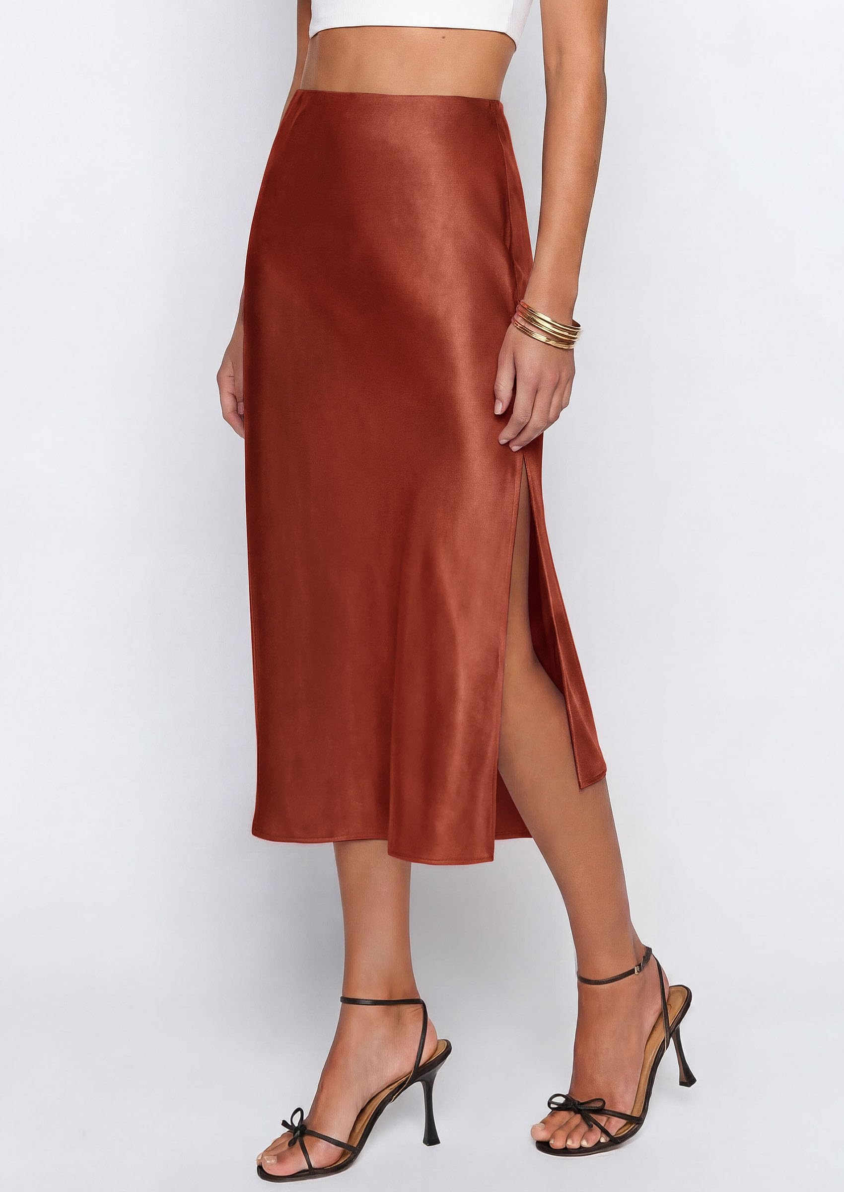 Womens Satin Skirt Silk Slip Midi Work Skirts, Brown, S