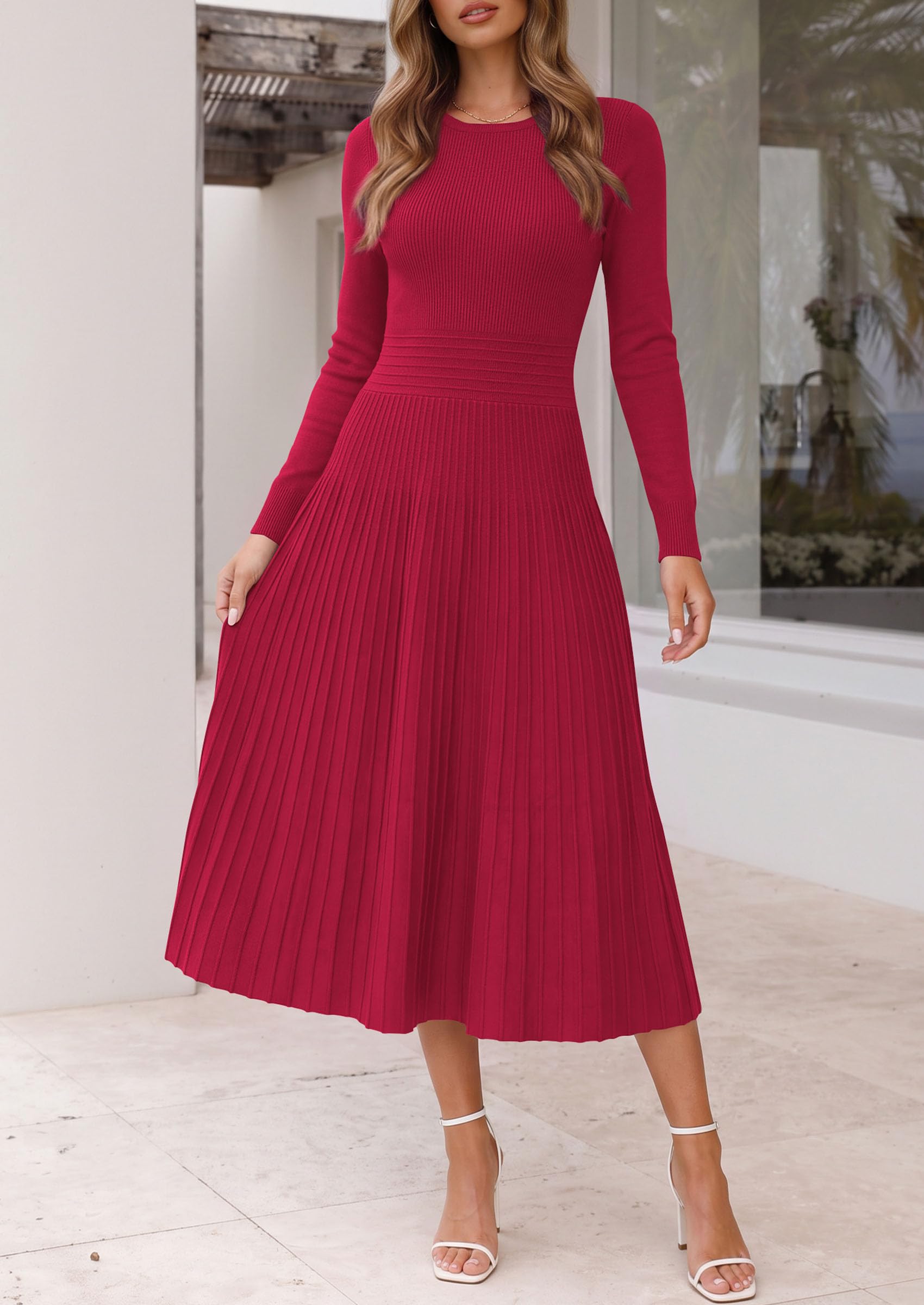 Women's Long Sleeve Knit Maxi Sweater Dress,Red,S