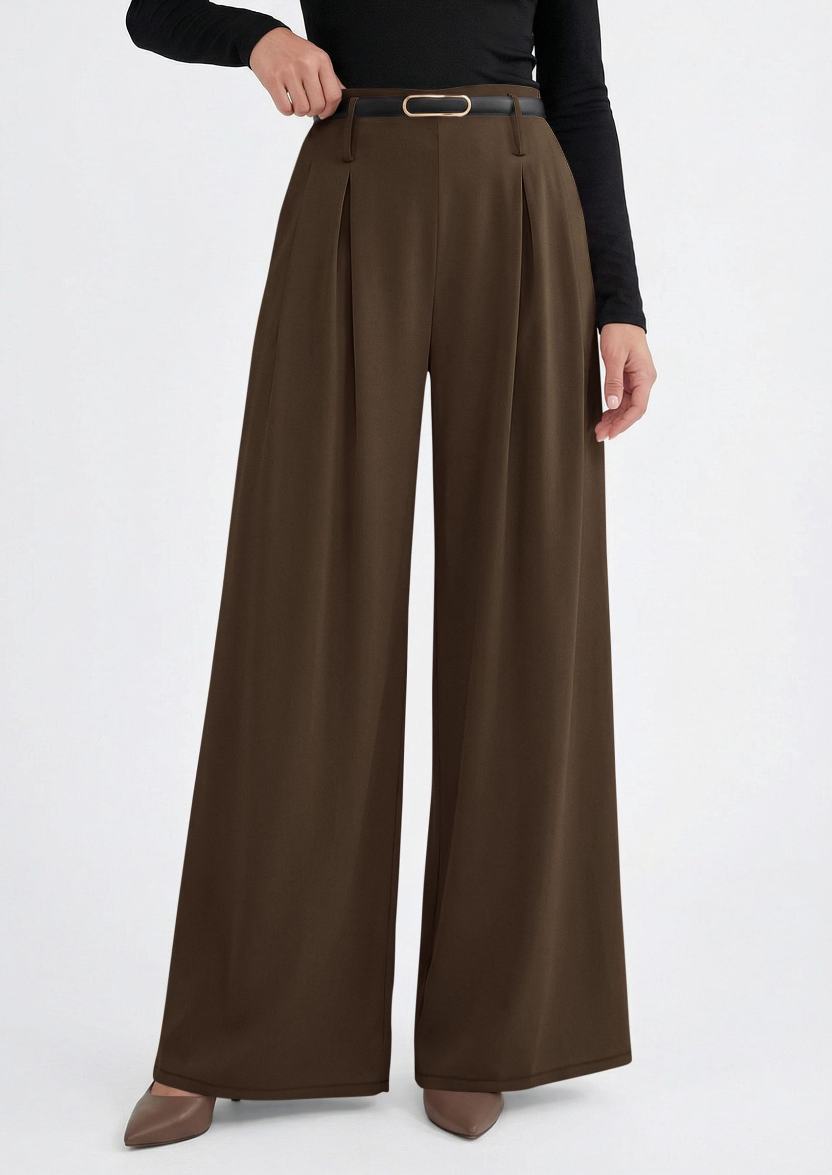 Womens Wide Leg Dress Pants Flowy Trousers,Brown,S