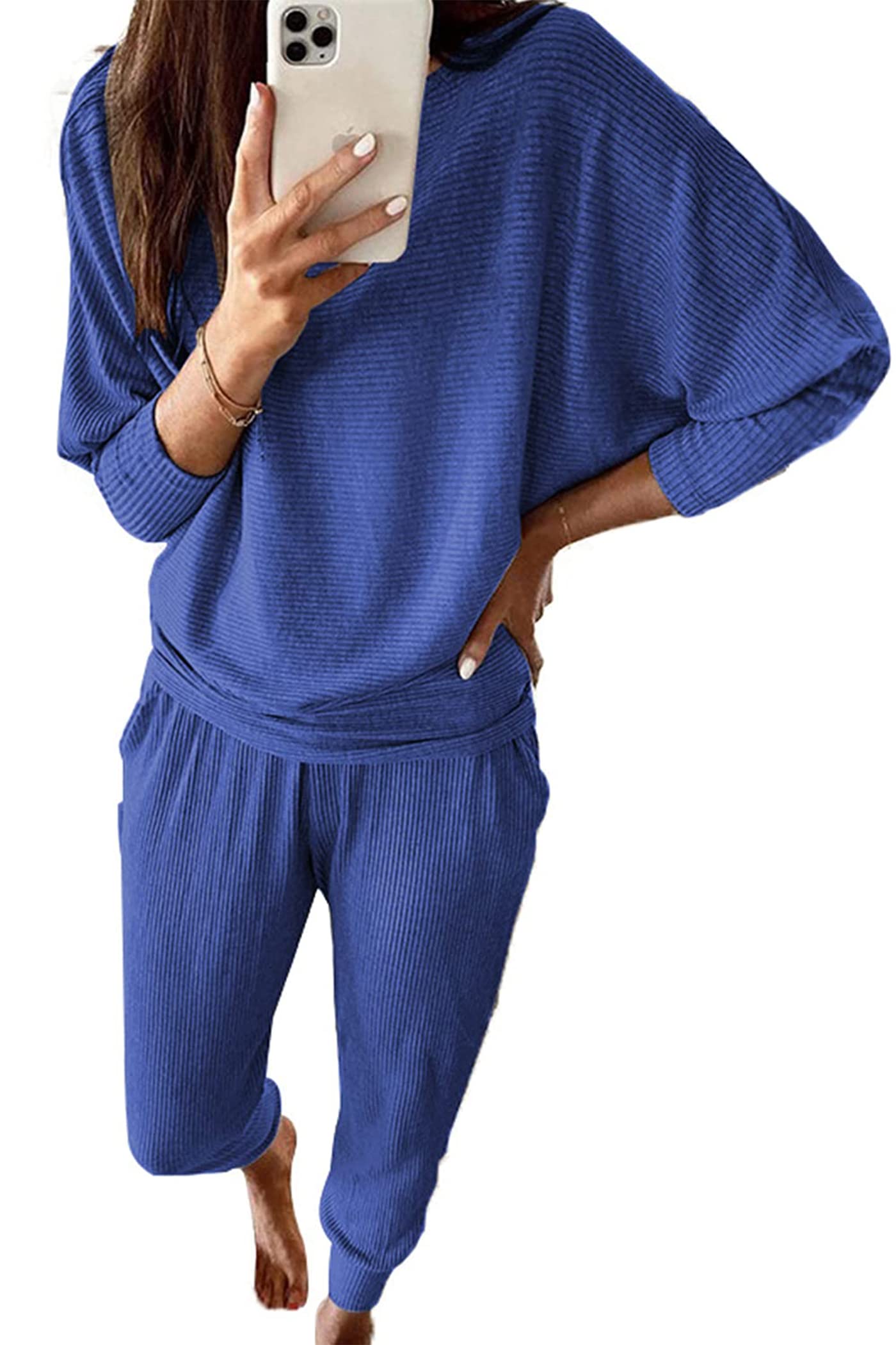 Women's 2 Piece Fall Outfits Matching Ribbed Knit Lounge Sets