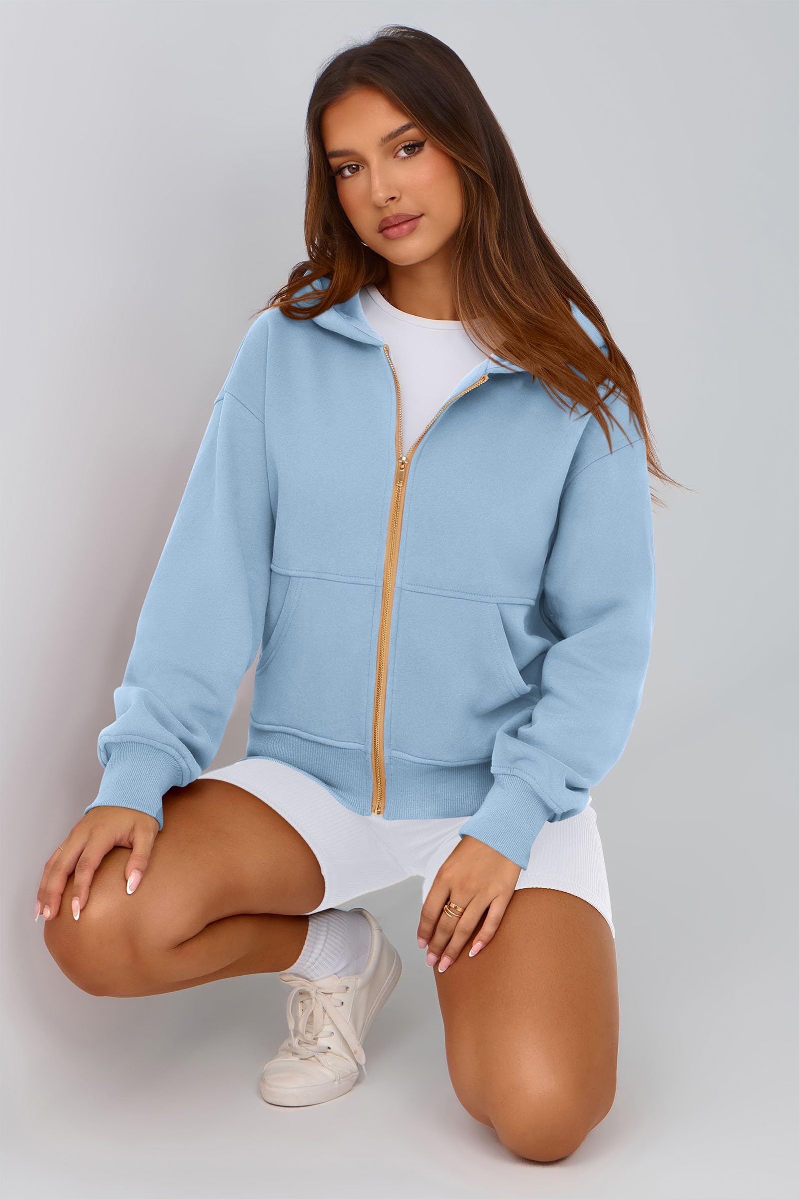 Hoodies for Women Fall Fashion Zip Up Fleece Plain Sweatshirt