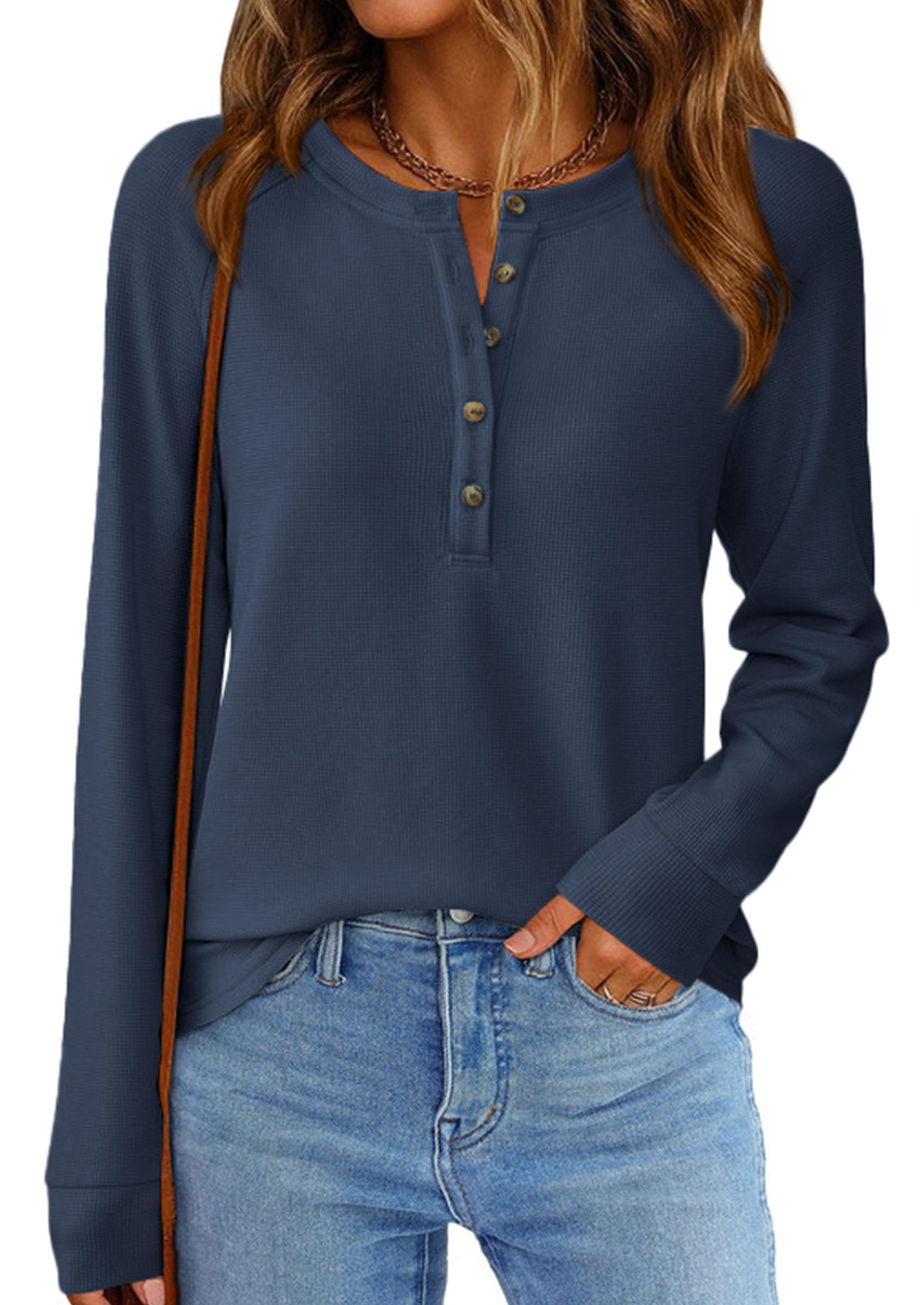 Women's Long Sleeve Waffle Knit Henley Shirts Loose Tunic Tops