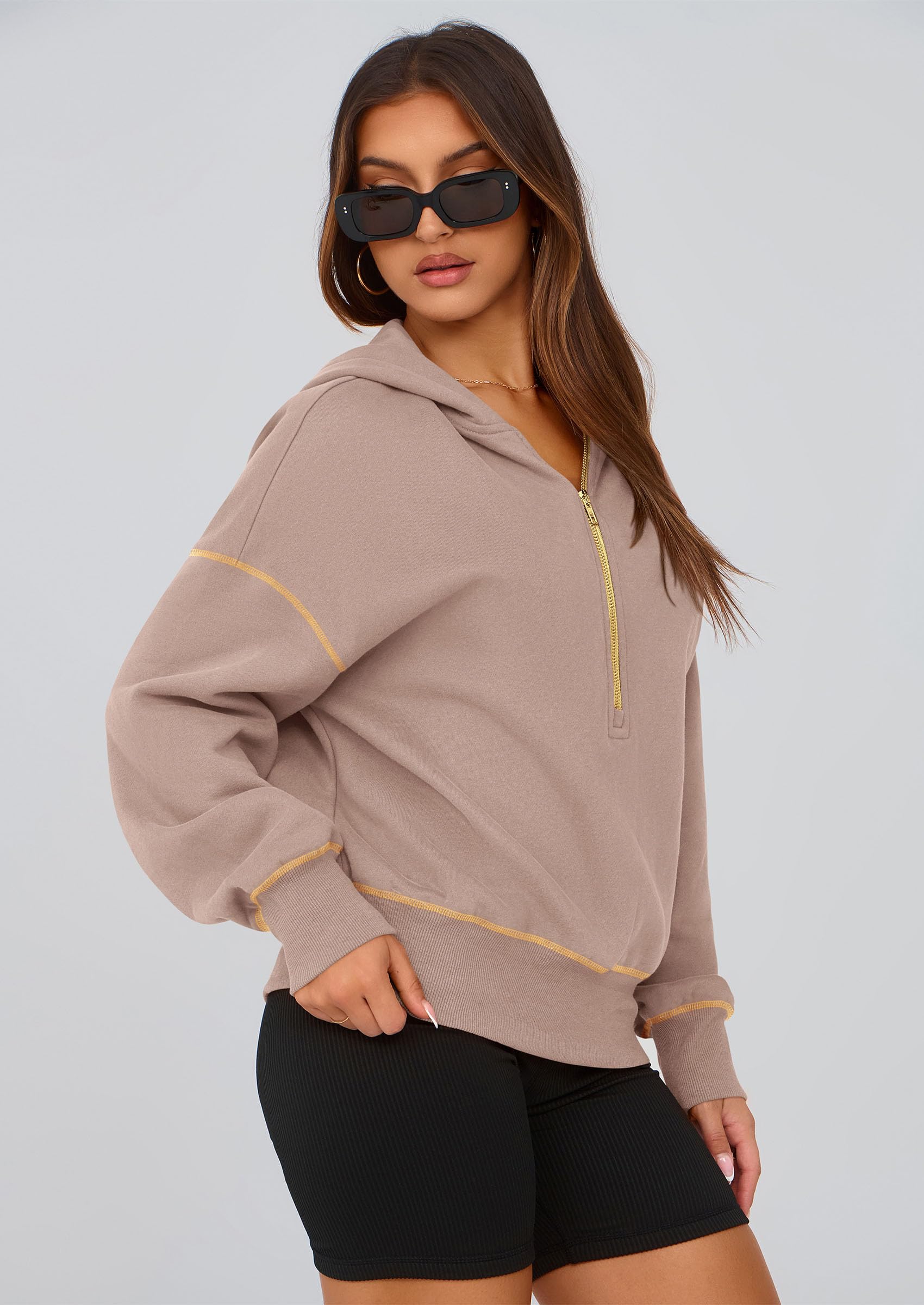 Women's Fall Half Zip Cropped Hoodie Sweatshirt Khaki