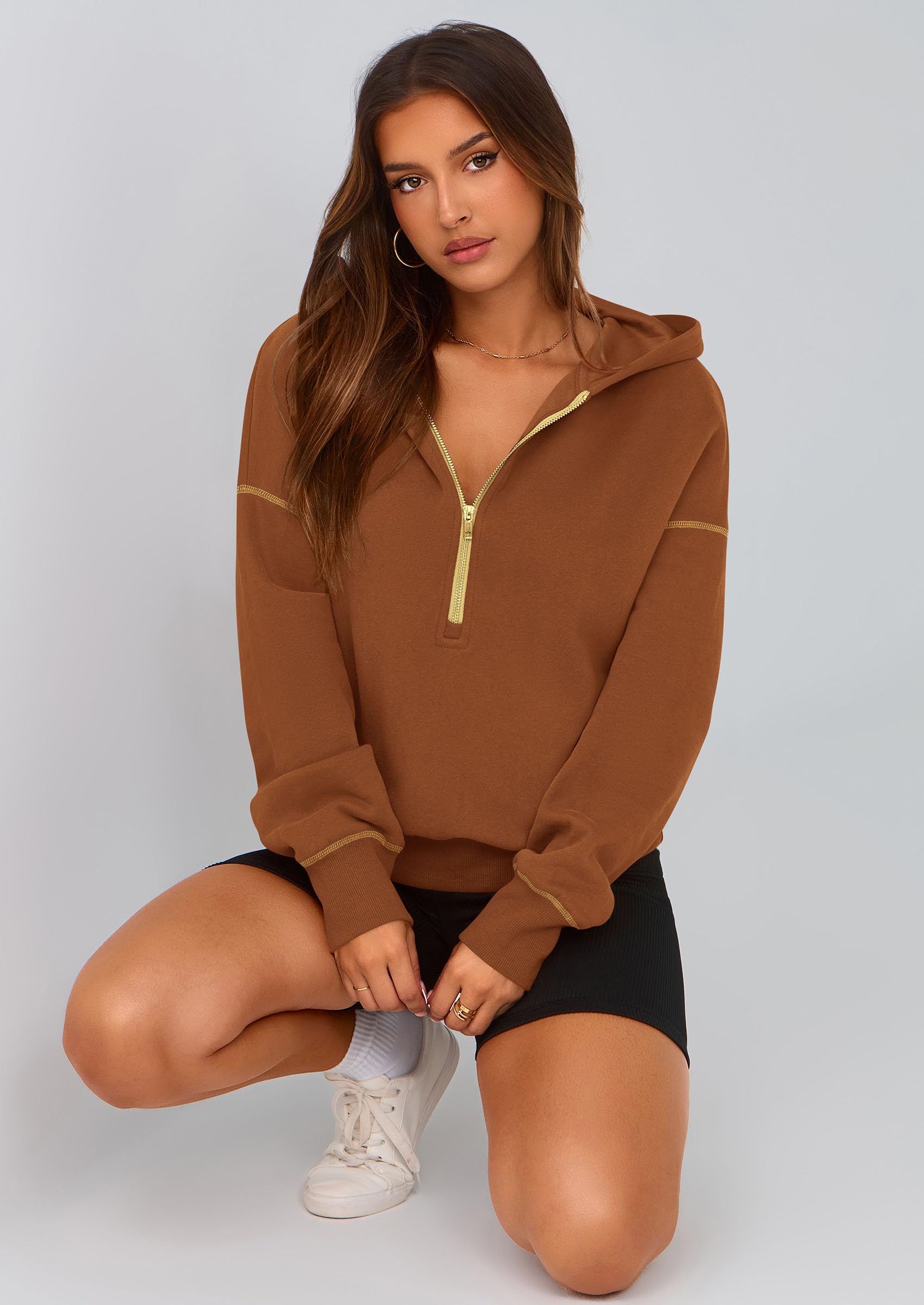 Women's Fall Half Zip Cropped Hoodie Sweatshirt Caramel