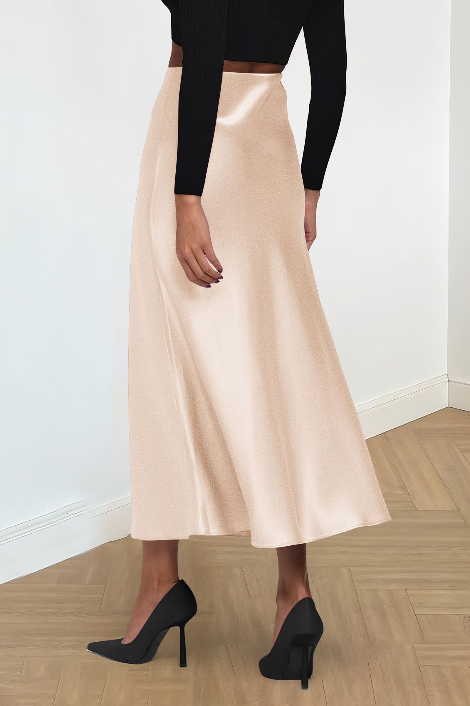 Women's Satin Midi Skirts Dressy Casual,Beige,S