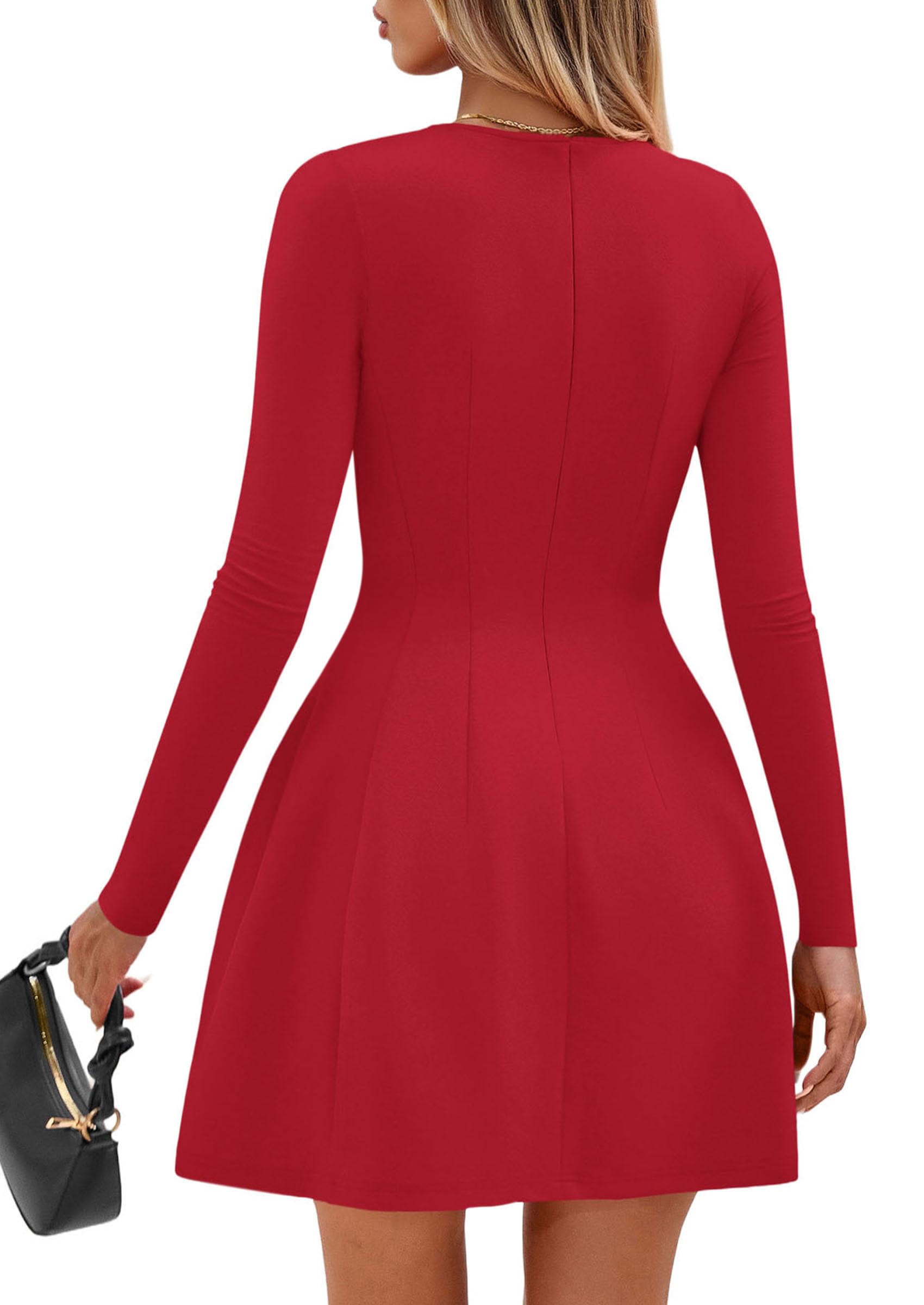 Womens Long Sleeve Pleated Mini Dress,Red,M