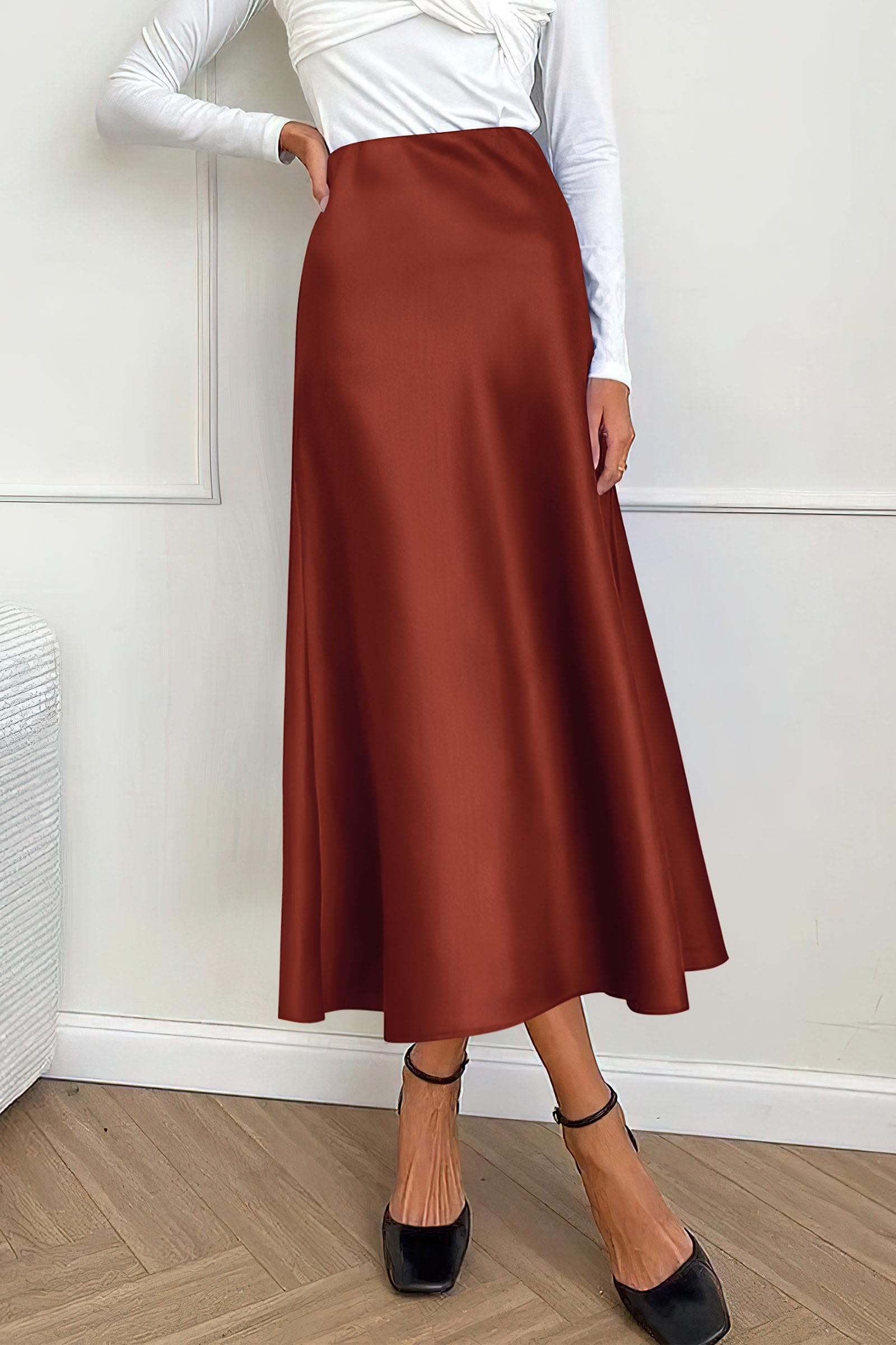 Women's Satin Skirts Dressy Casual 2025 Fall High Waisted Cocktail Wedding Flowy Elegant A Line Midi Skirt (Brown,Small)