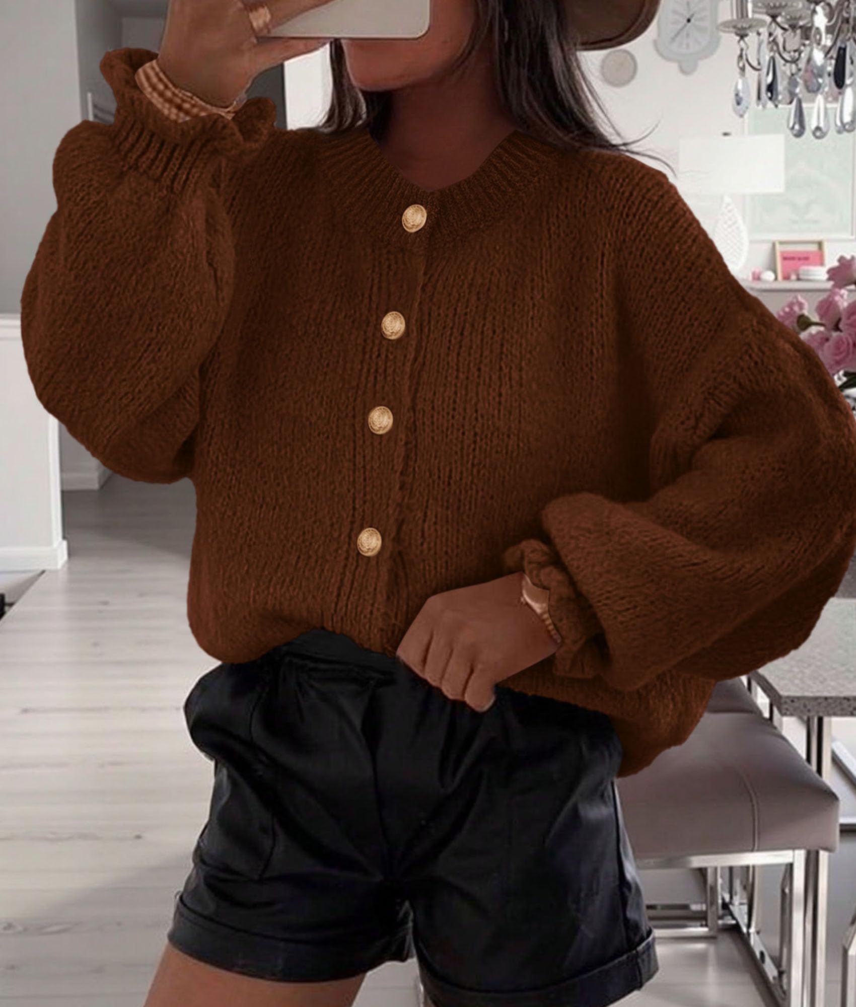 Womens Long Sleeve Chunky Knit Cardigan Sweaters,Brown,S