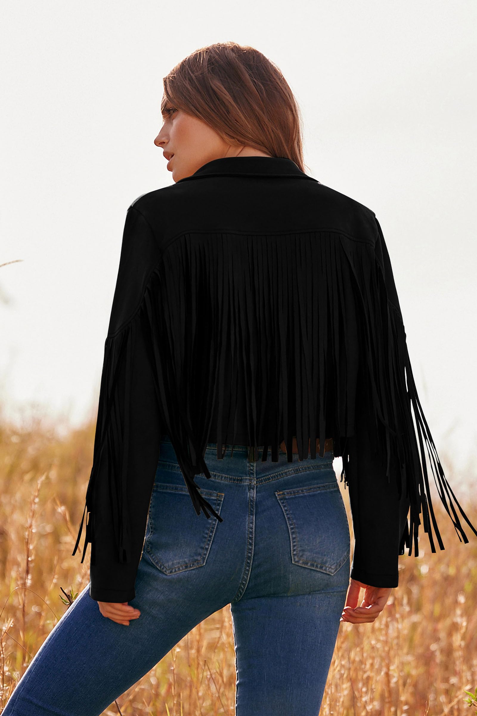 Women's Fringe Faux Suede Leather Jackets,Black,S