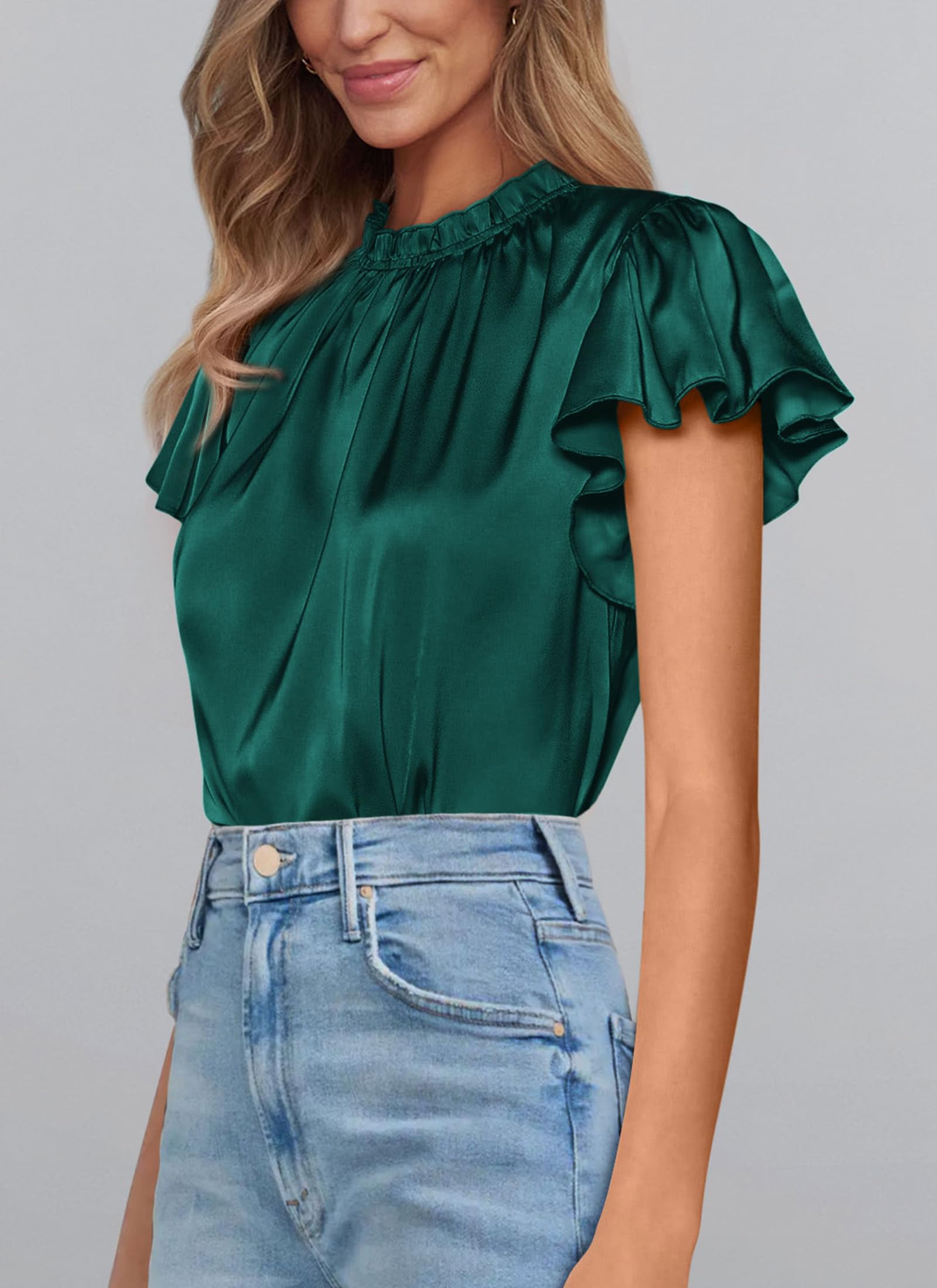 Women's Satin Tops Business Casual Work Blouses, Dark Green,S