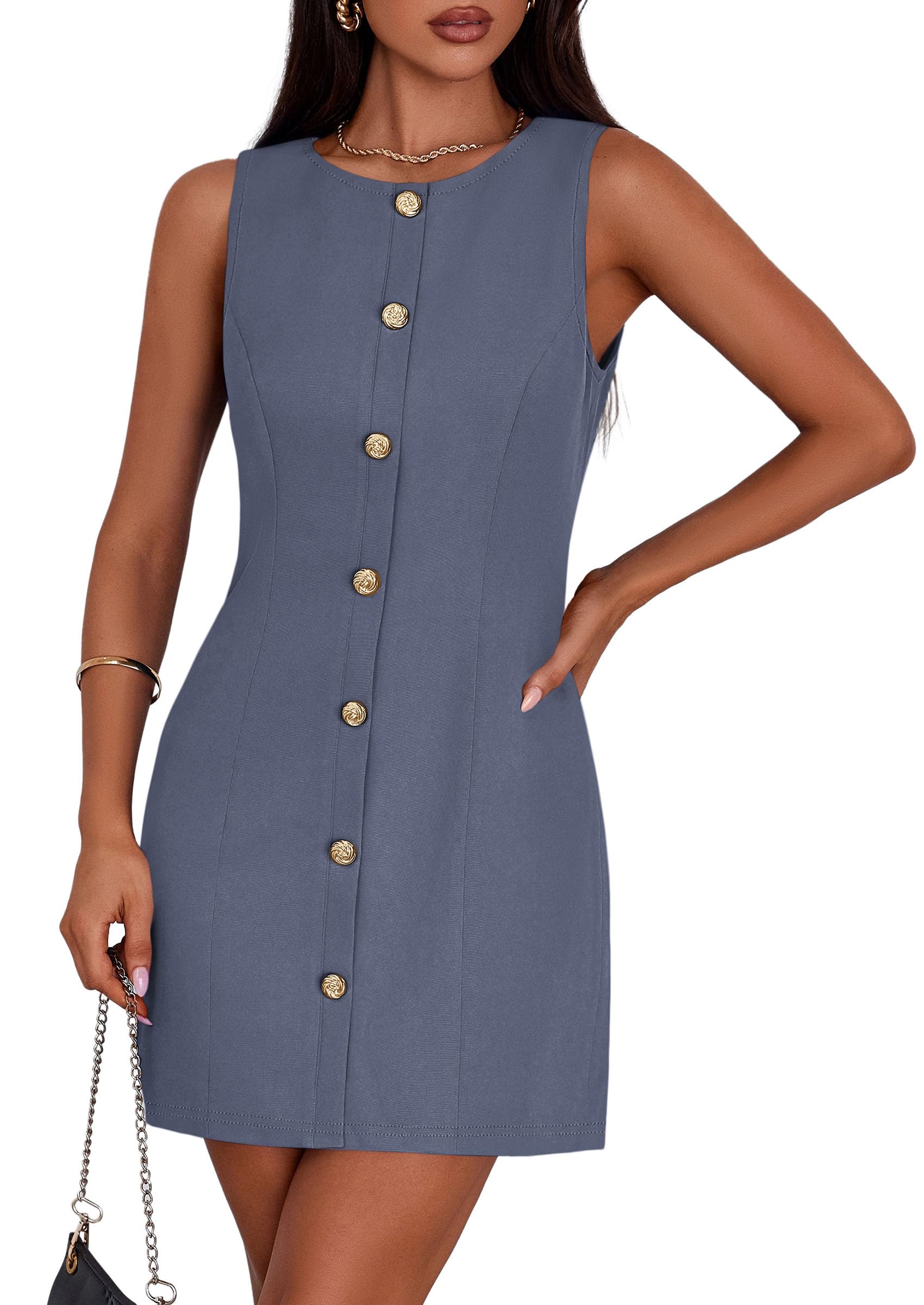 Women Business Casual Cocktail Work Short Dress,Grey Blue,S