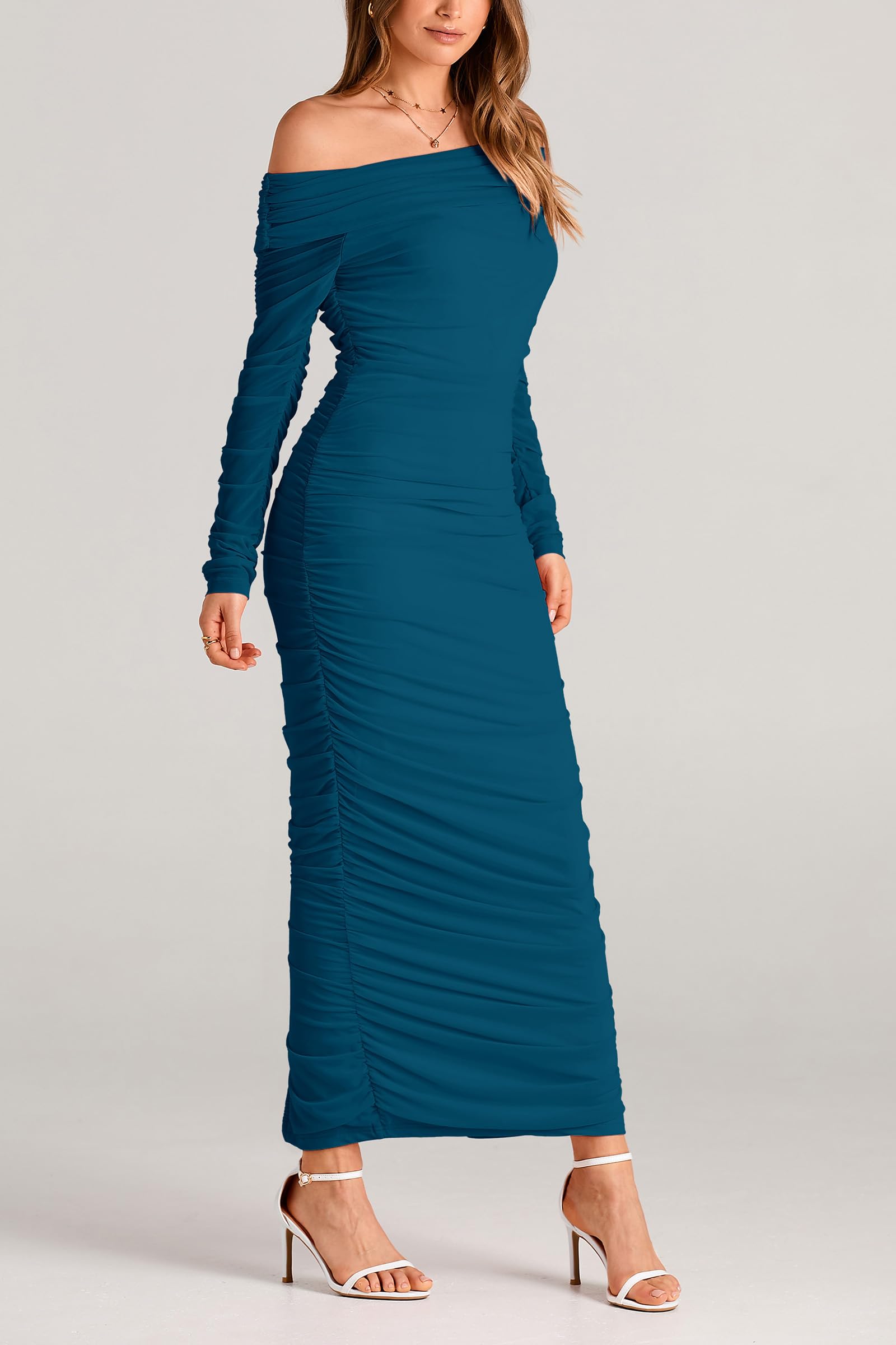 Women's Off the Shoulder Maxi Bodycon Dress, Lake Blue,S