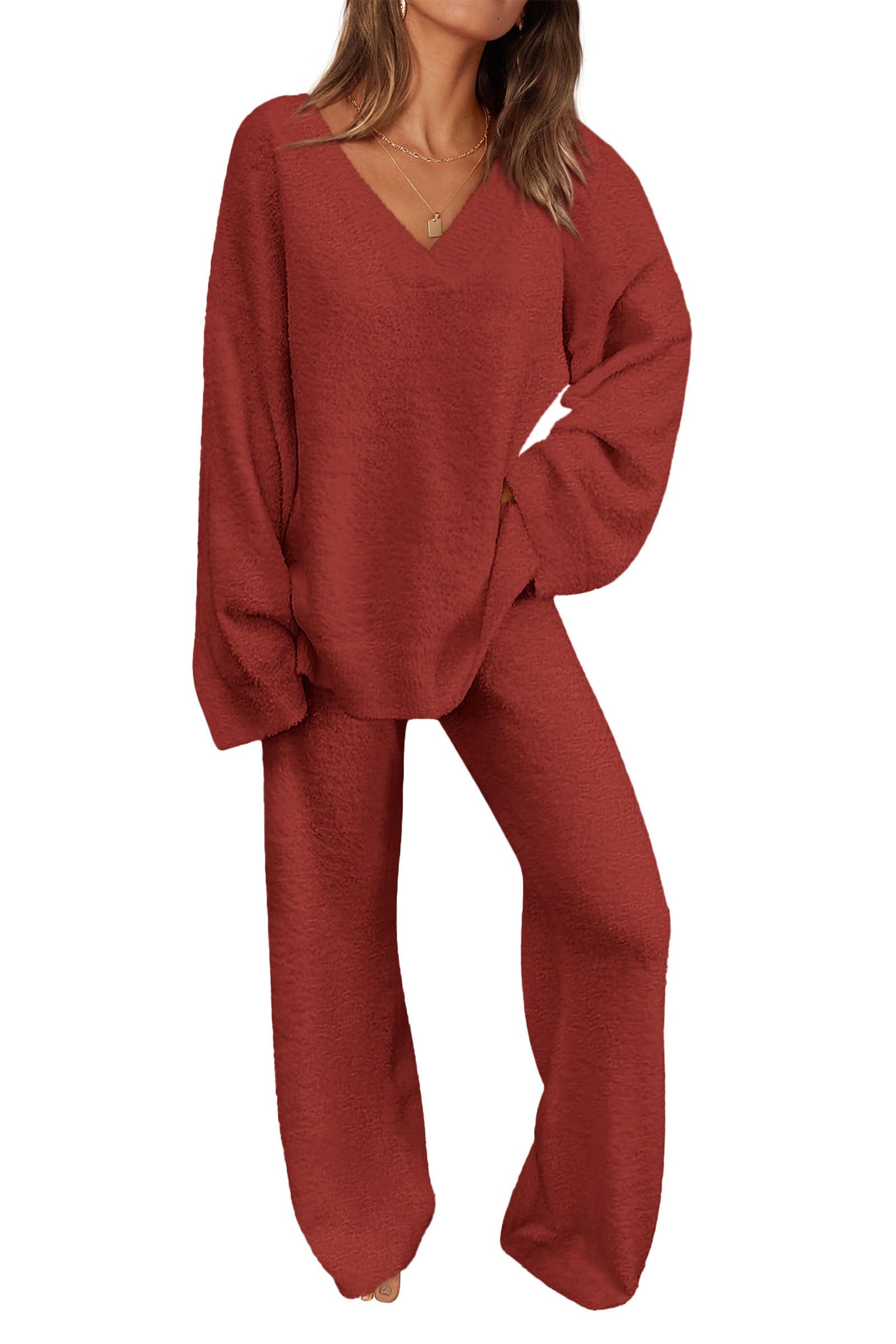 Lounge Sets for Women Fall 2 Piece Fuzzy Sweater Pajama Set