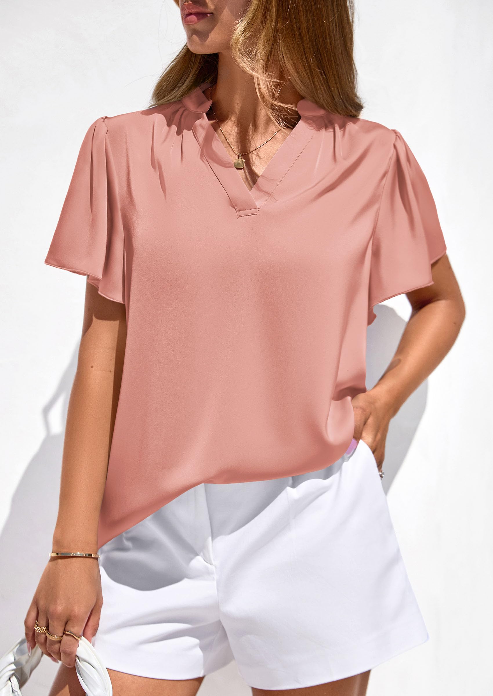 Women's Summer Satin Dressy Casual Blouses (Pink,S)