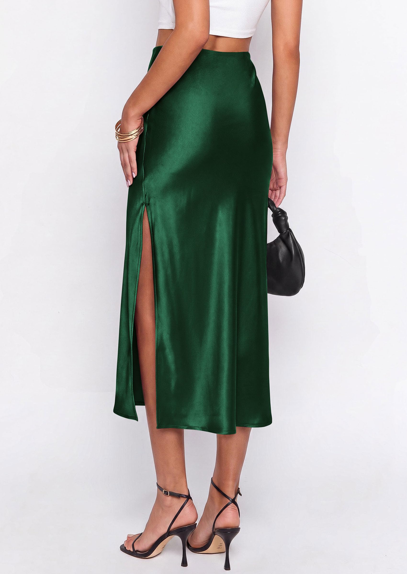 Womens Satin Skirt Silk Slip Midi Work Skirts, Dark Green, S