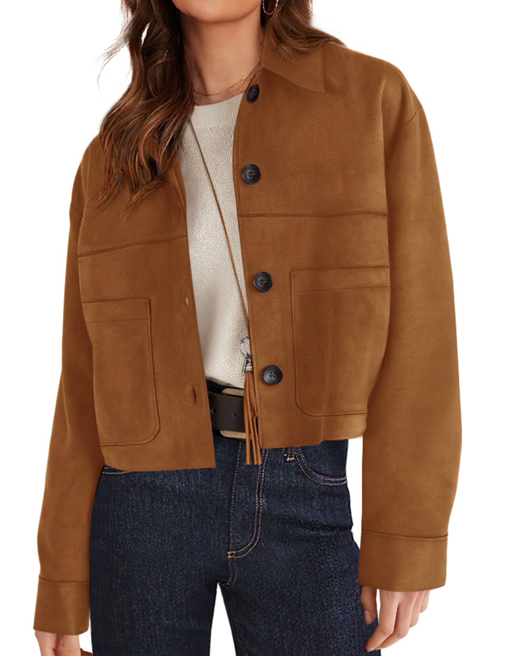 Women's Faux Suede Shacket Jackets Lightweight Cropped Coats
