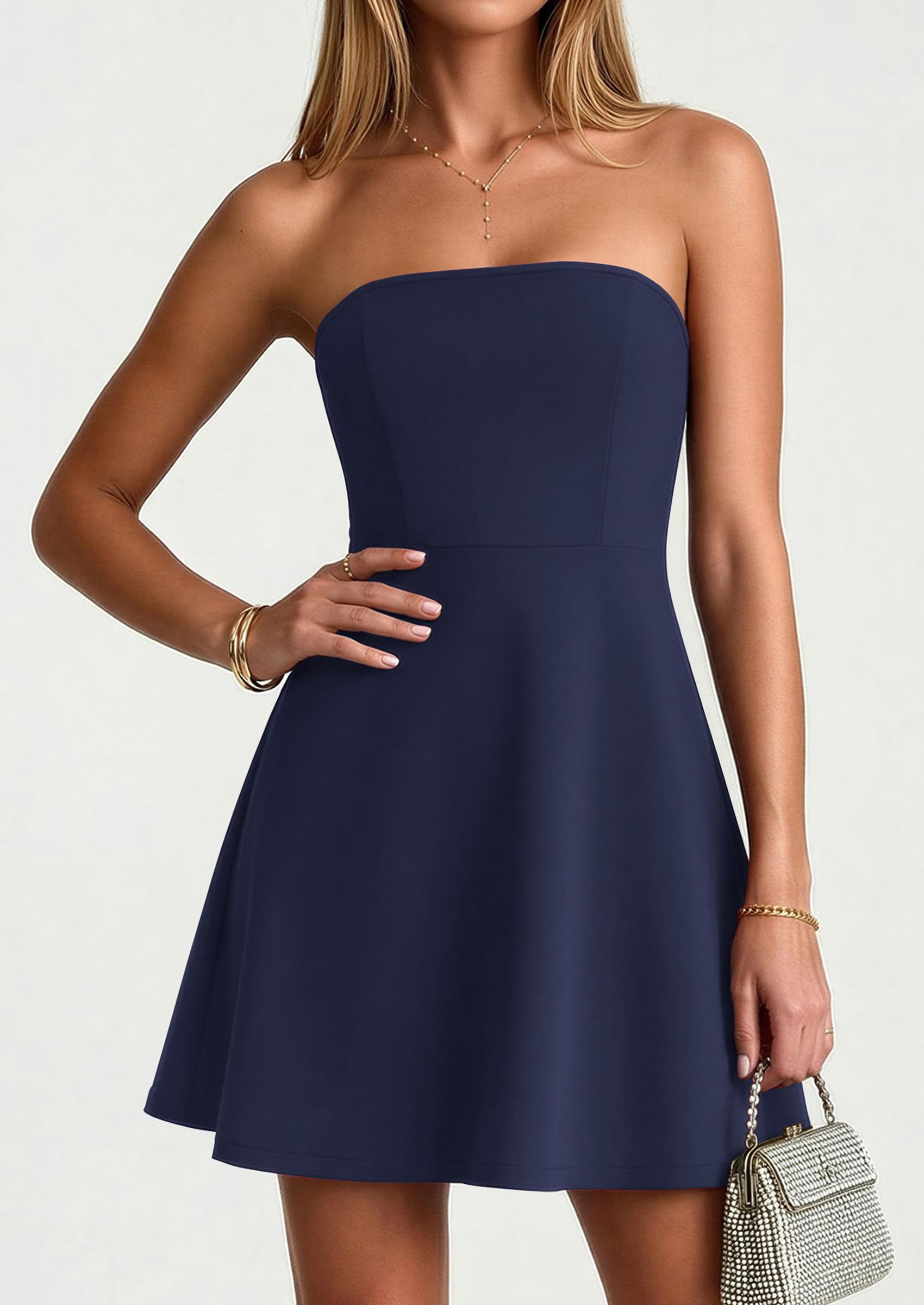 Women's Strapless A Line Mini Summer Dresses Navy Blue,XS