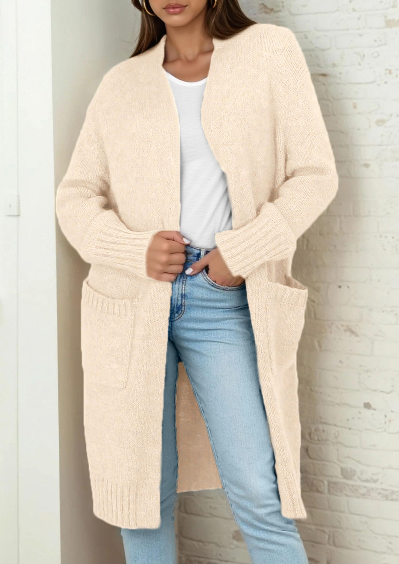 Open Front Cardigan Sweaters for Women,Beige,S