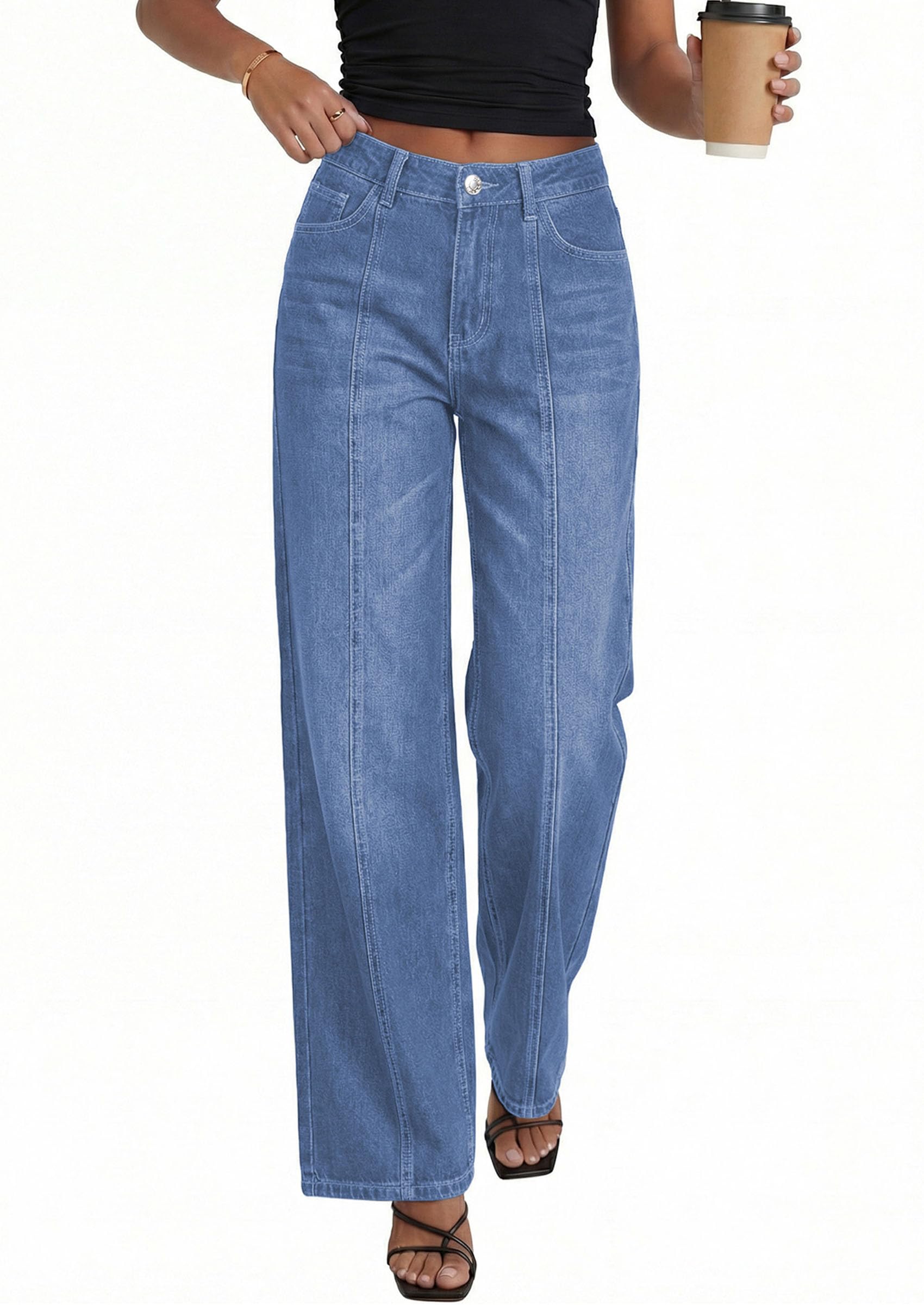 Women's Wide Leg Jeans Stretchy Baggy Denim Pants,Sky Blue,14