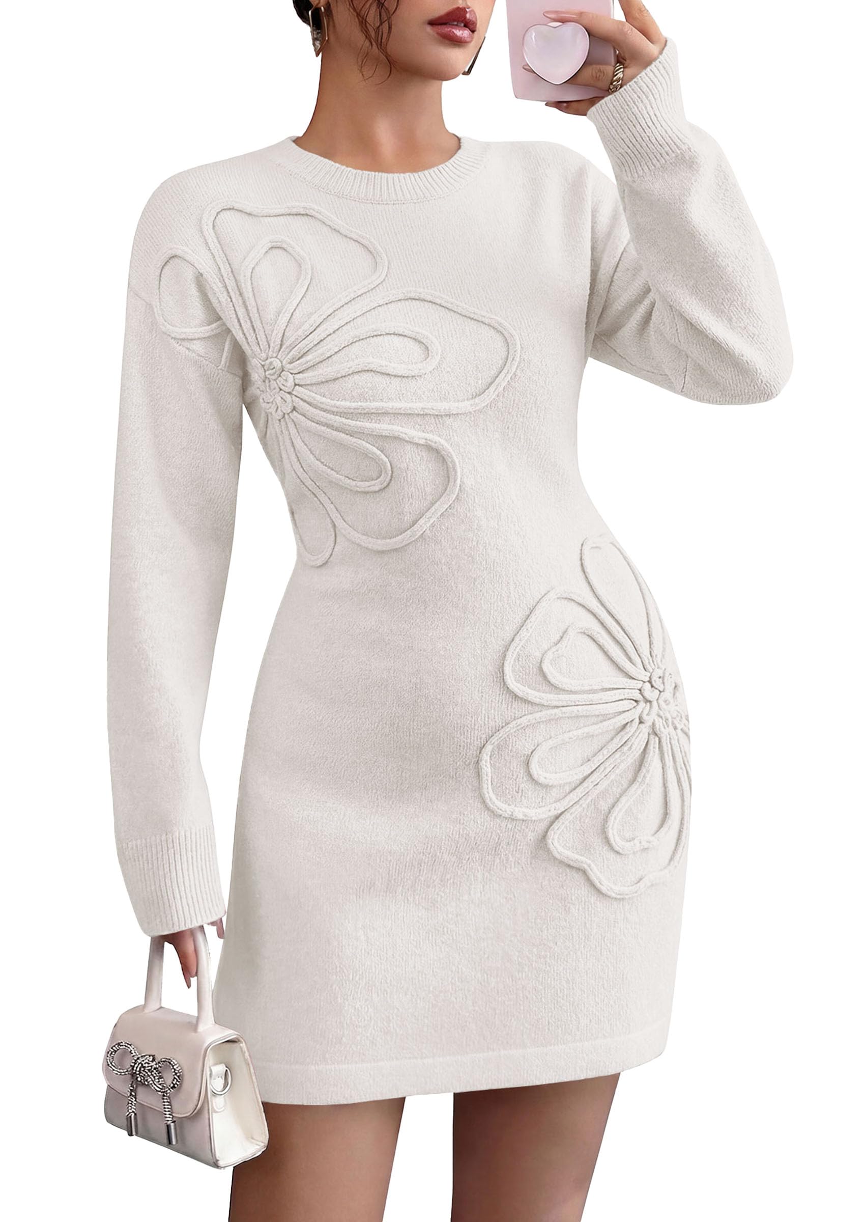 Women's Embroidered Long Sleeve Bodycon Mini Sweater Dress