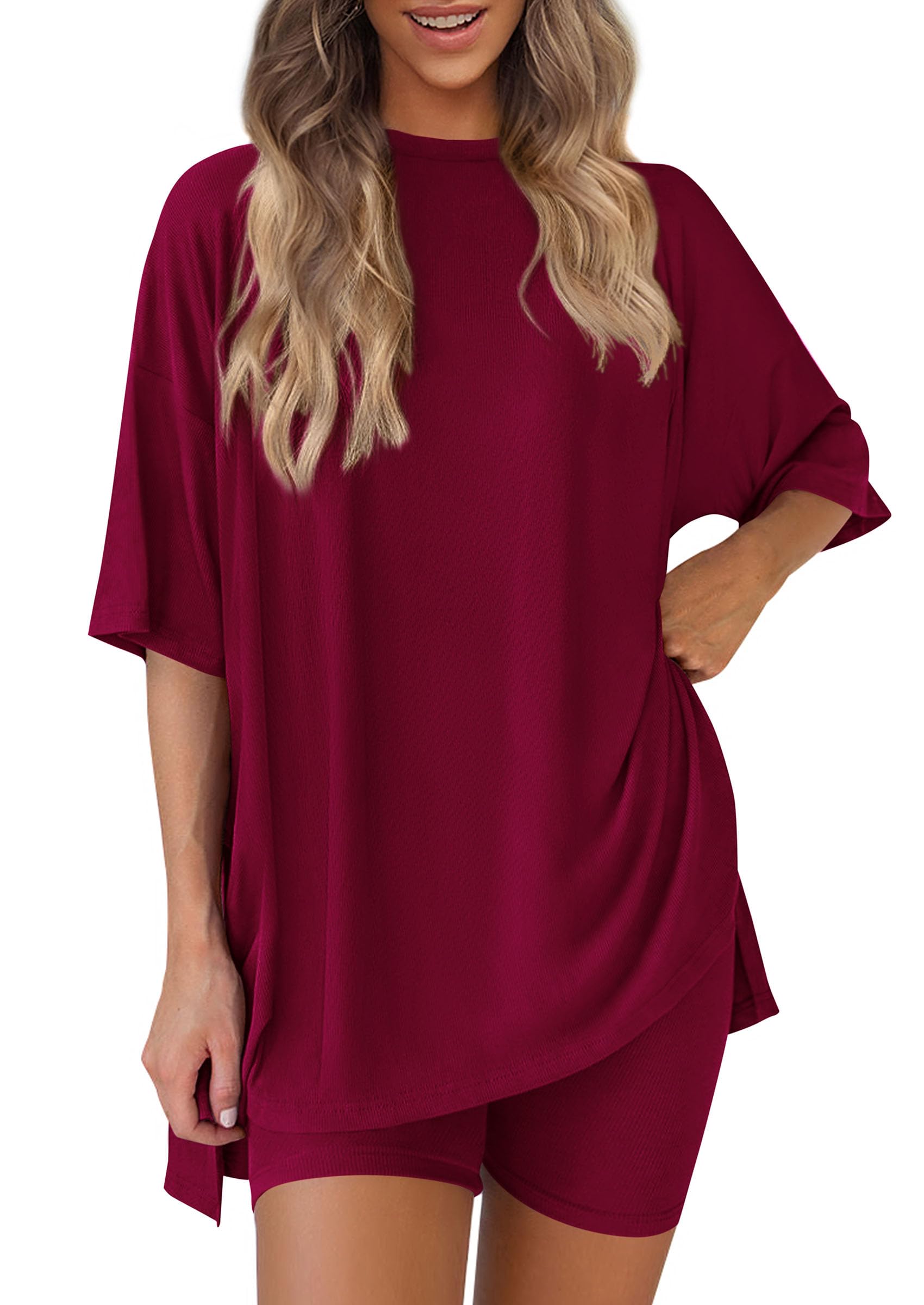 Women 2 Piece Lounge Set Airport Travel Outfit, Deep Red,S