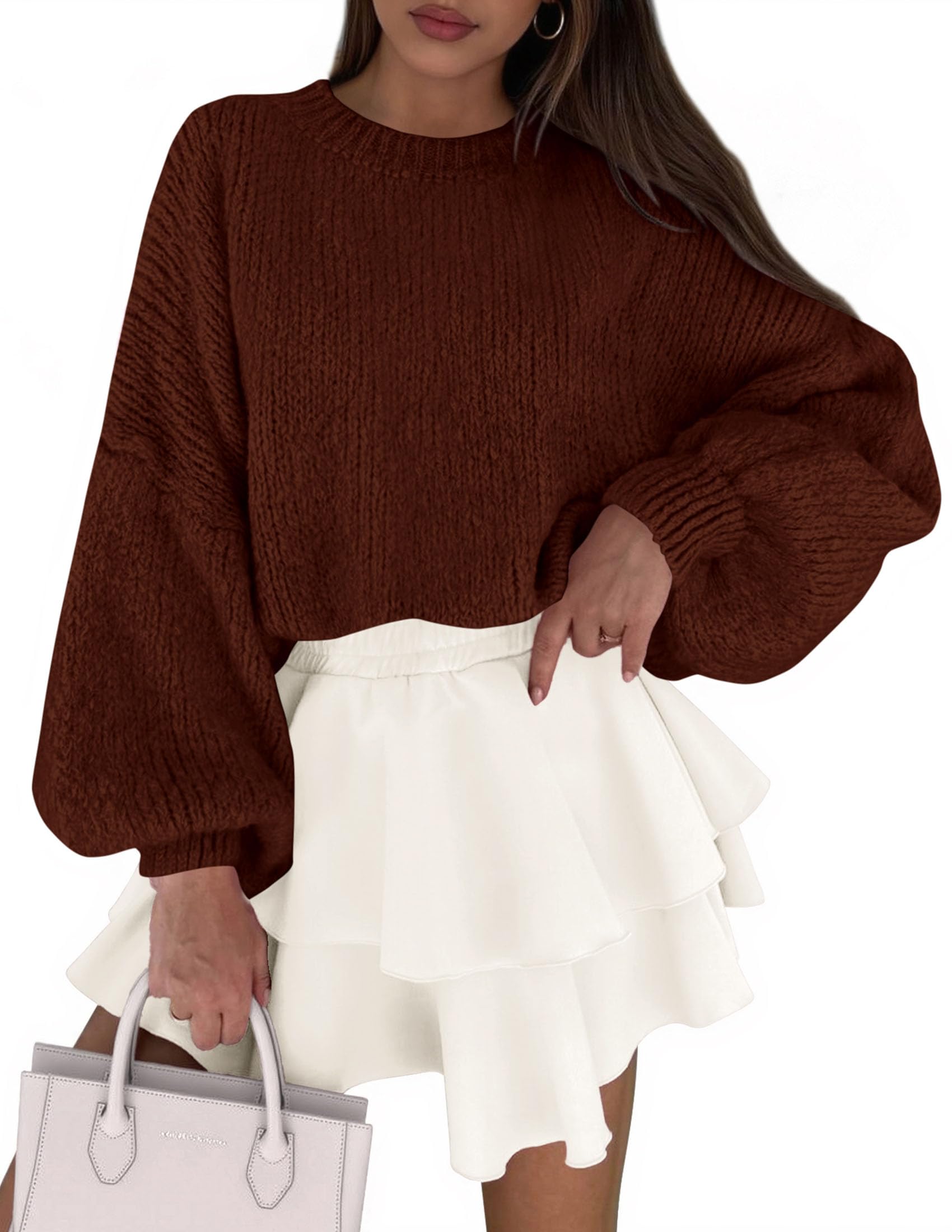 Women's Chunky Knit Oversized Pullover Sweaters,Brown,S