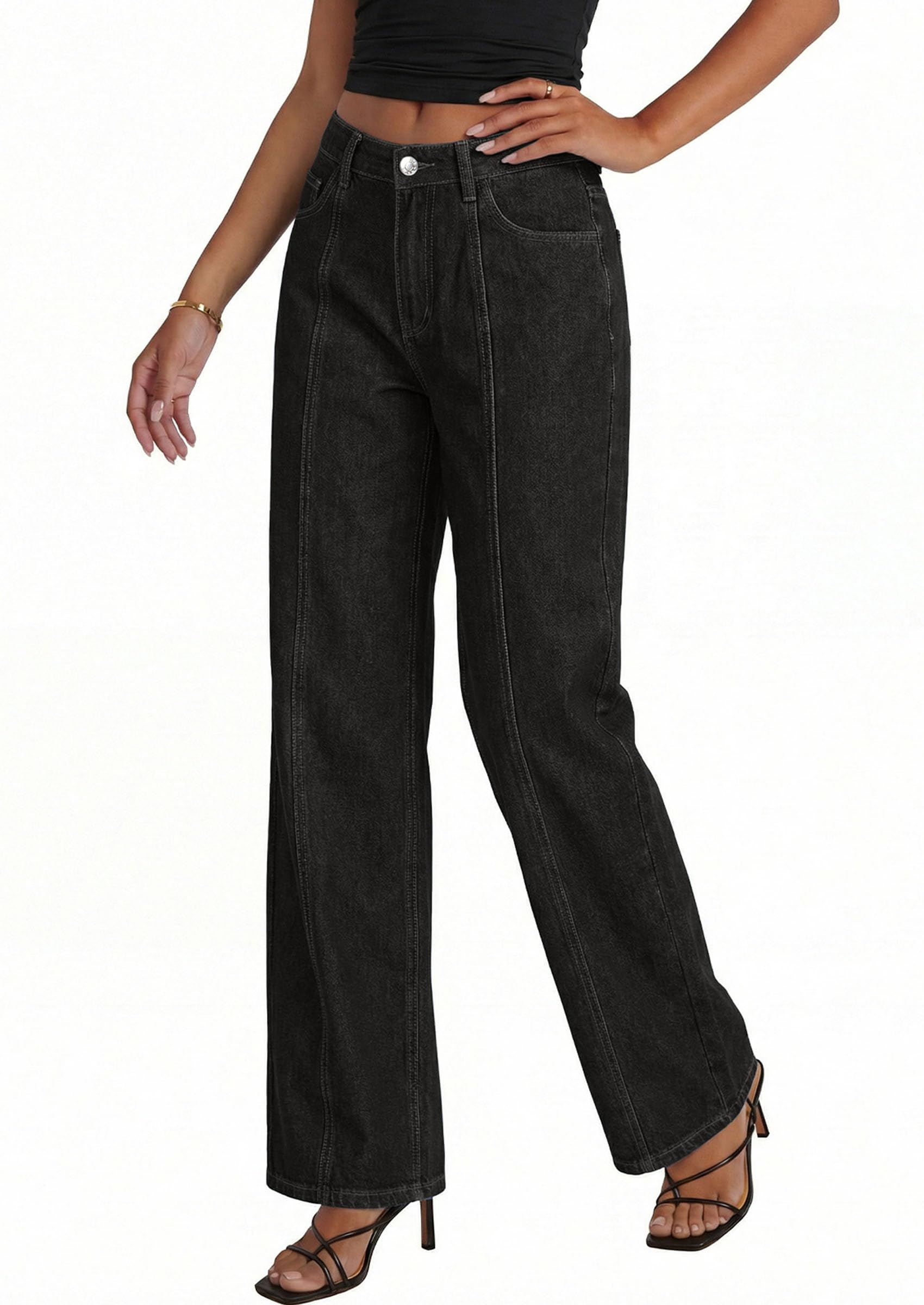 Women's Wide Leg Jeans Stretchy Baggy Denim Pants,Black,4