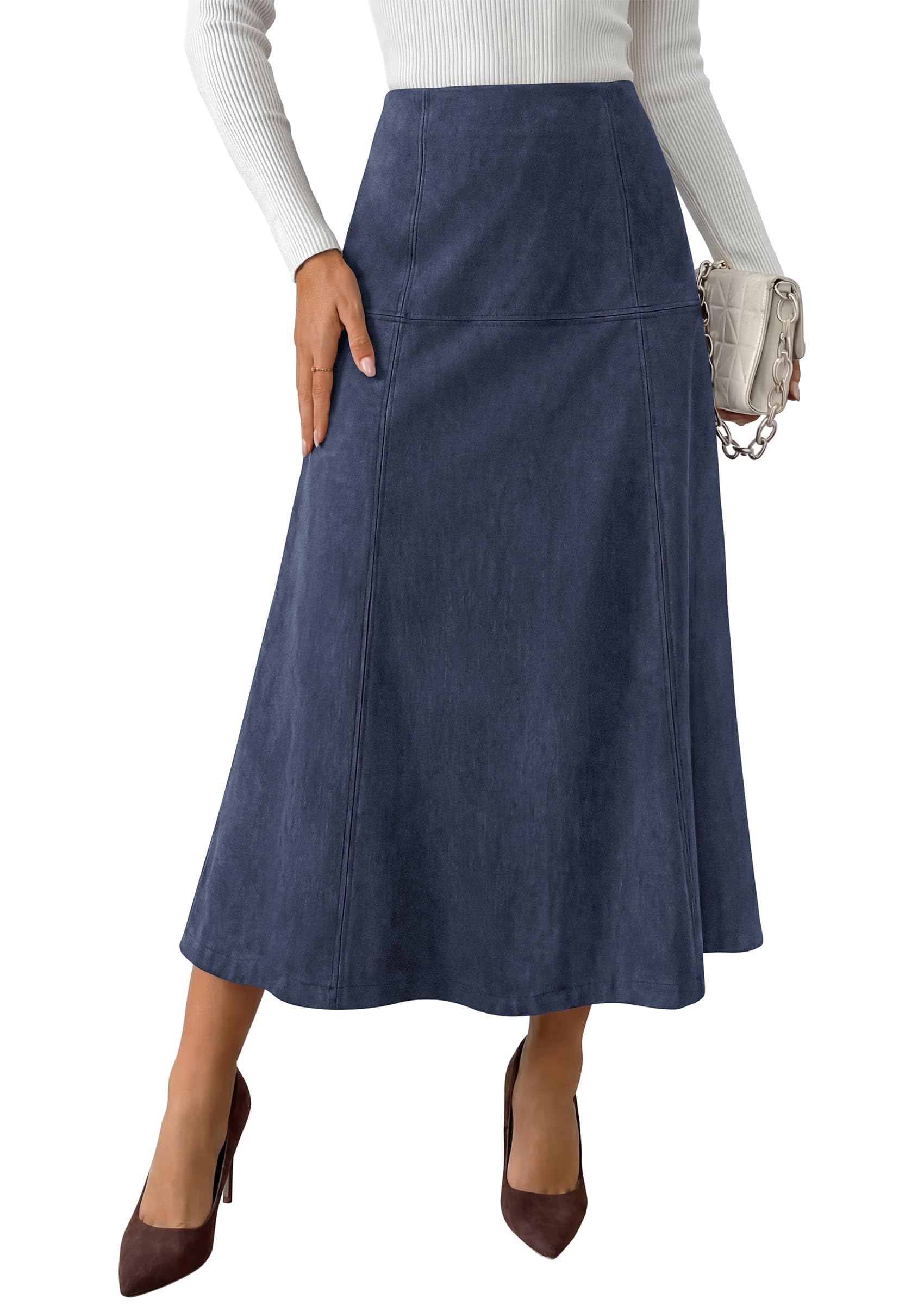 Womens High Waist Faux Suede A Line Midi Skirt,Navy,S