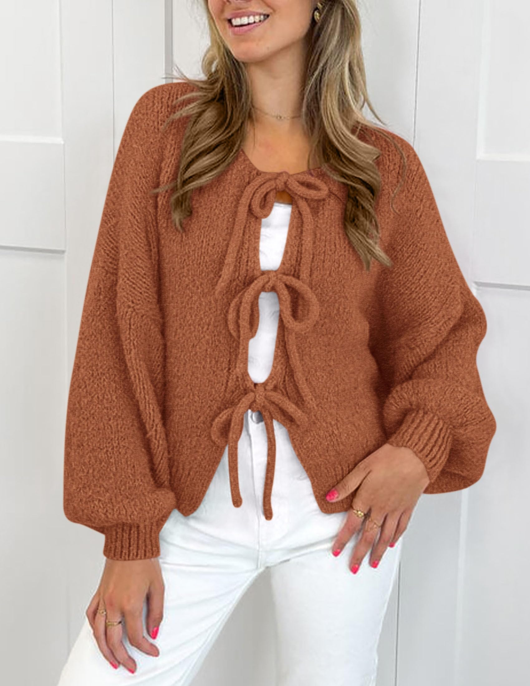 Women's Tie Front Bow Cardigan Sweaters(Brick Red,Small)