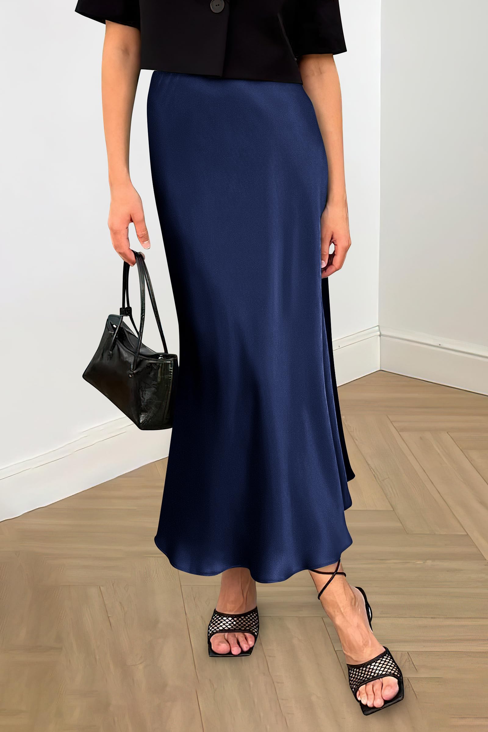 Women's Satin Midi Skirts Dressy Casual,Navy,S