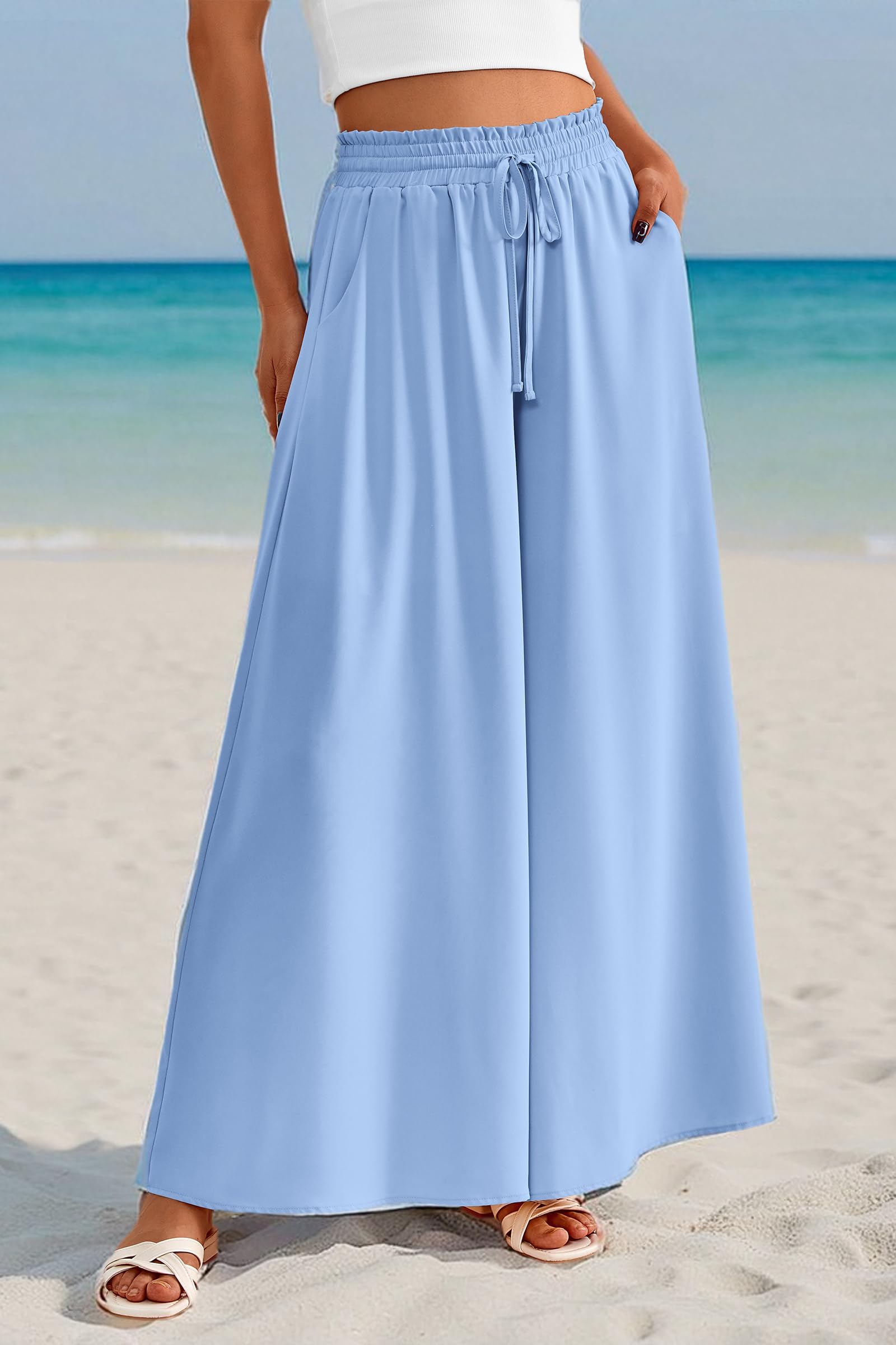 Summer Wide Leg Palazzo Pants for Women Casual,Blue,S