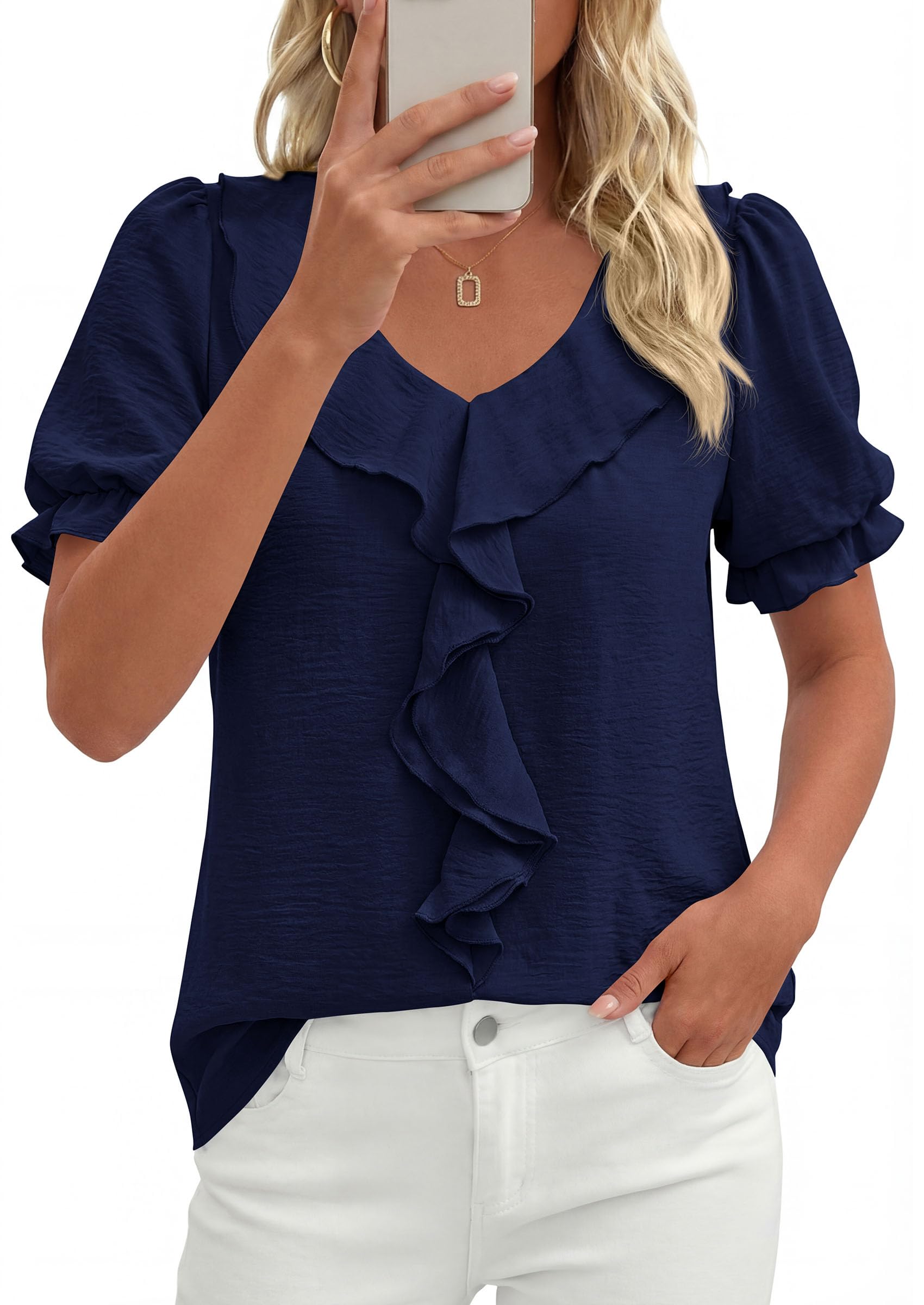 Women's Summer Ruffle Dressy Casual Blouses (Navy Blue,S)