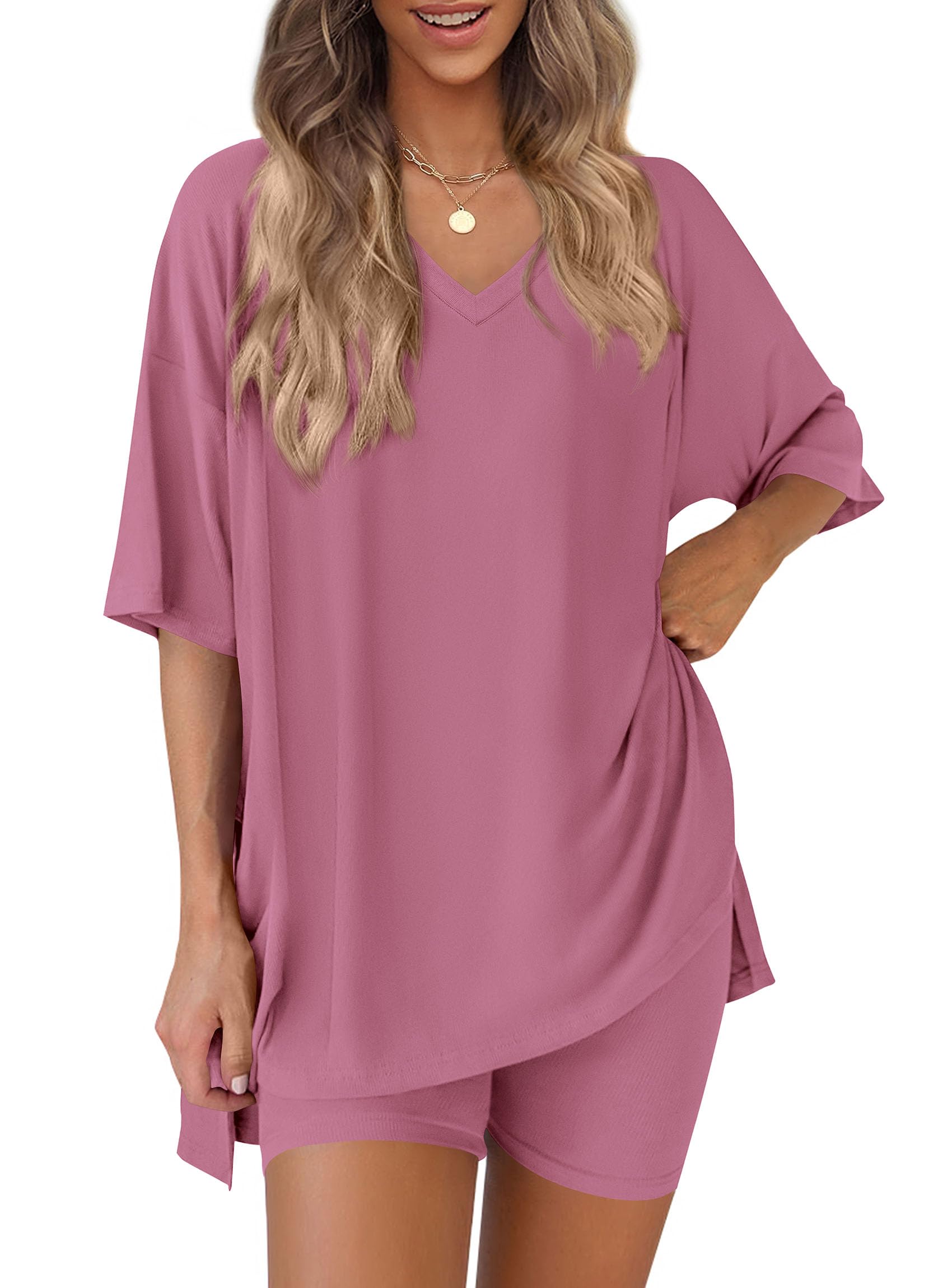 Womens 2 Piece Outfit Lounge Short Sets,Pink,S