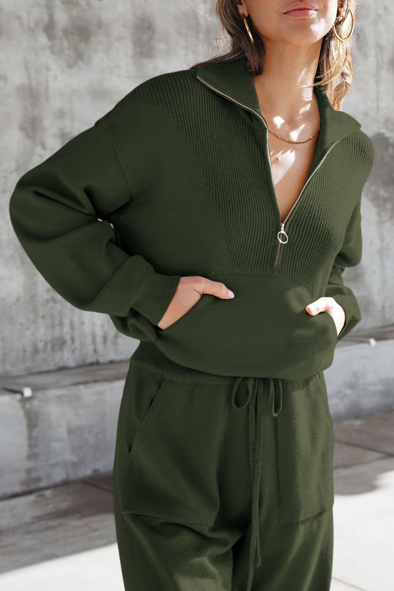 Women's 2 Piece Sweatsuits Set Fall Outfits(Army Green,S)