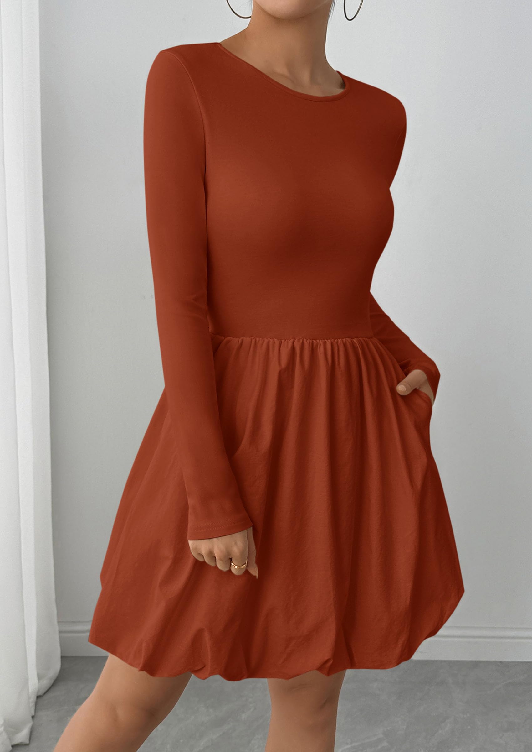 Fall Dresses for Women 2026 Bubble Mini Dress,Brick Red,S