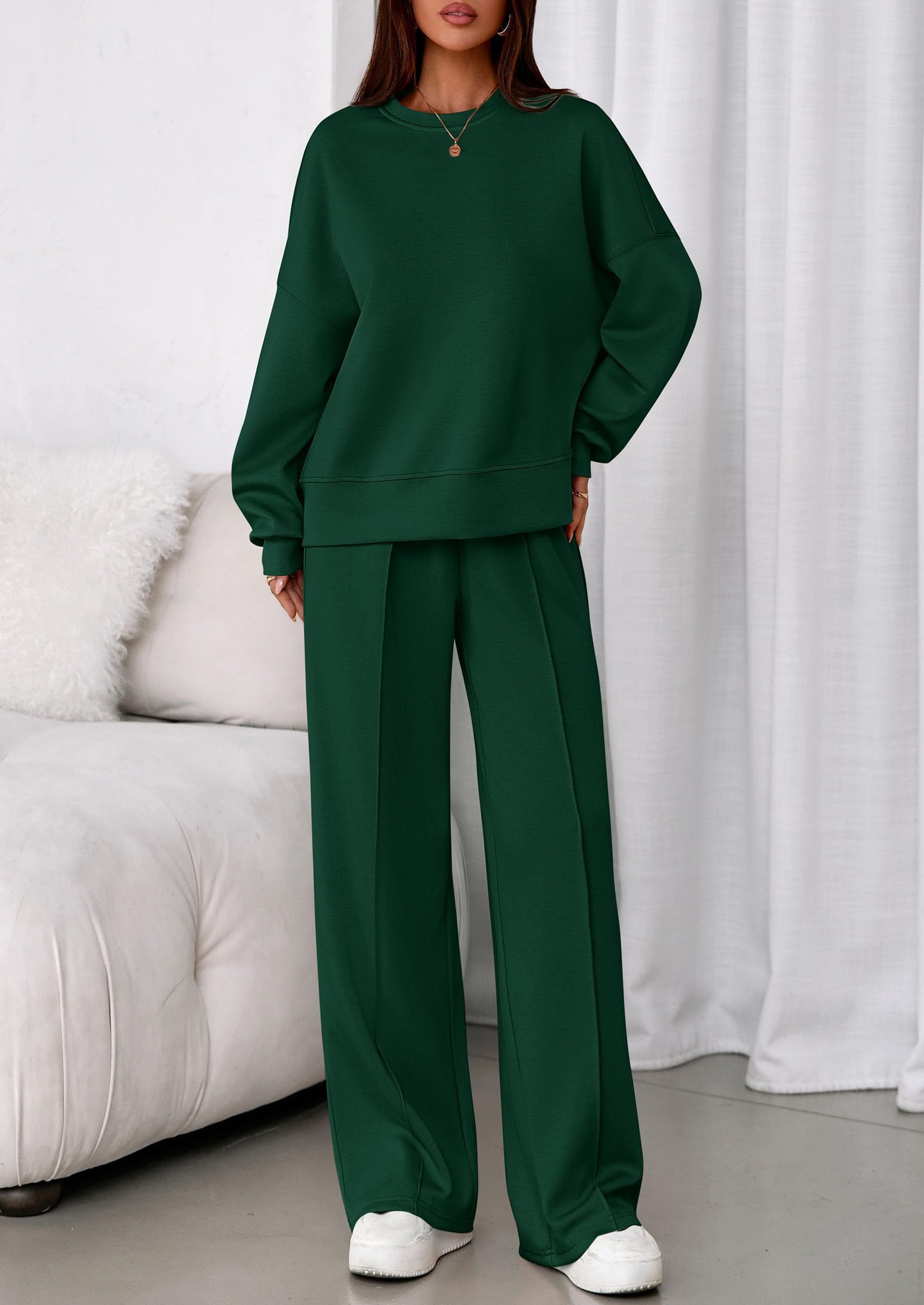 Womens Long Sleeve Sweatshirt 2 Piece Sets,Dark Green,S