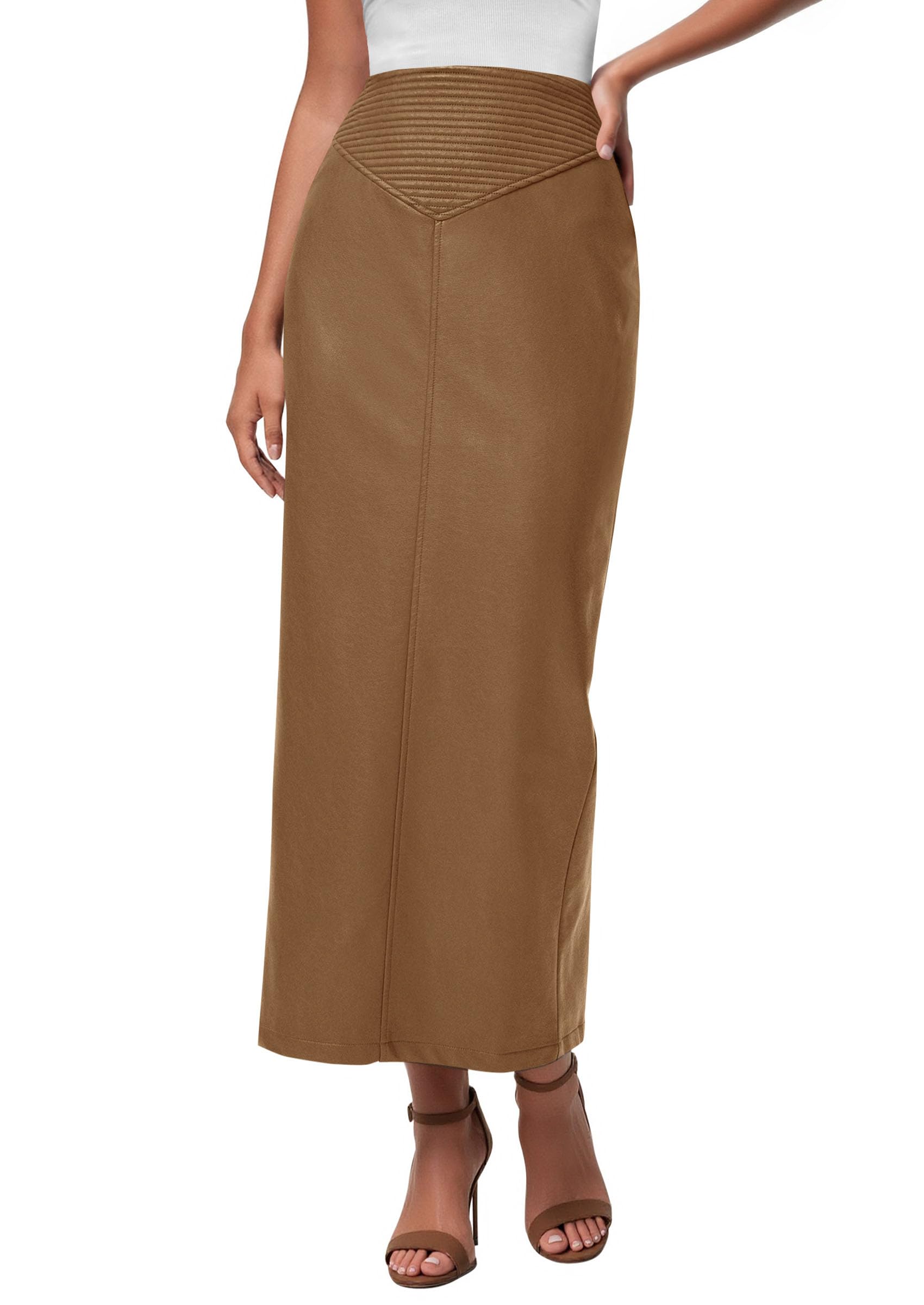 Women's Faux Leather High Waisted Maxi Skirts,Camel,XS
