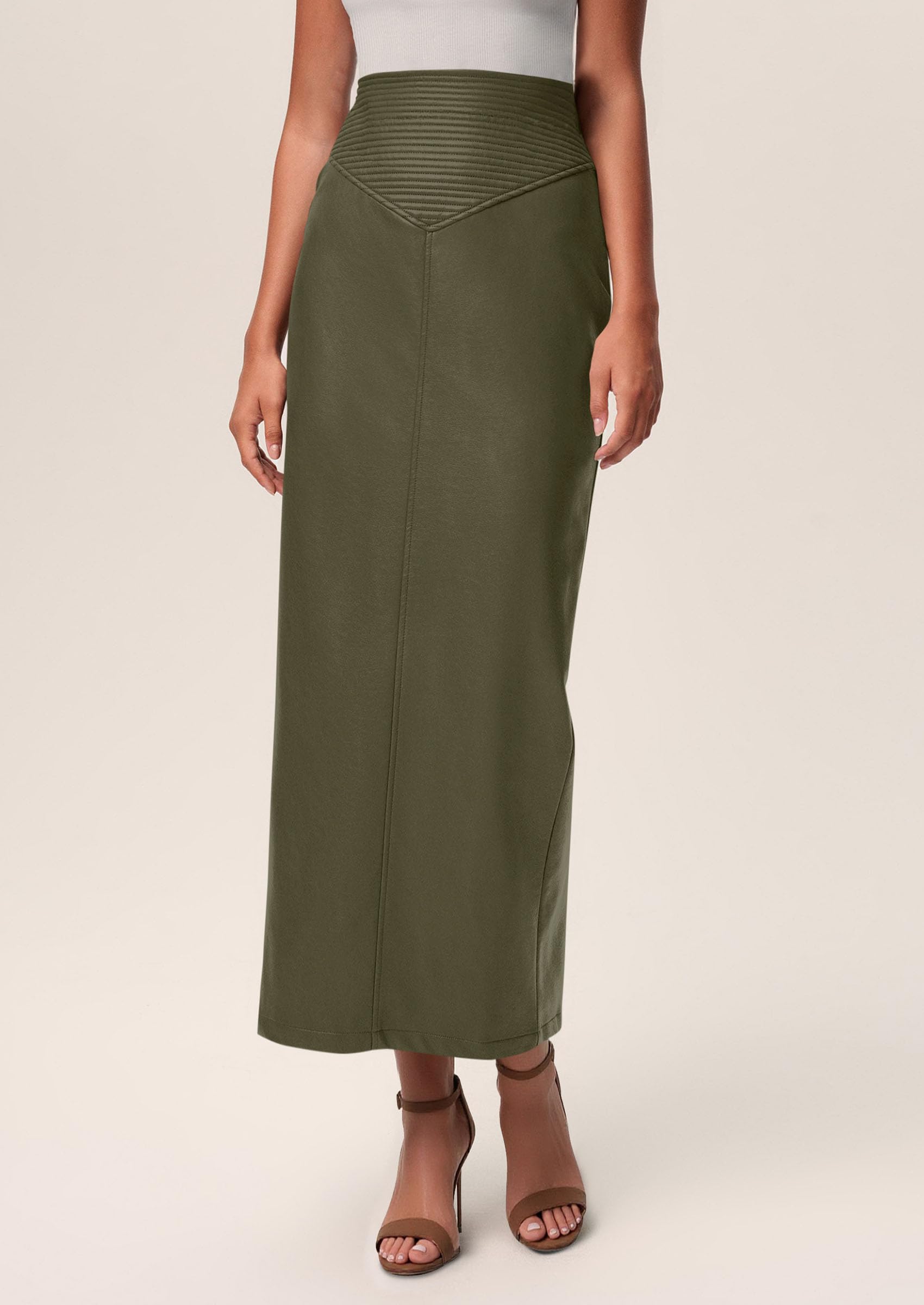 Women's Faux Leather High Waisted Maxi Skirts,Army Green,M