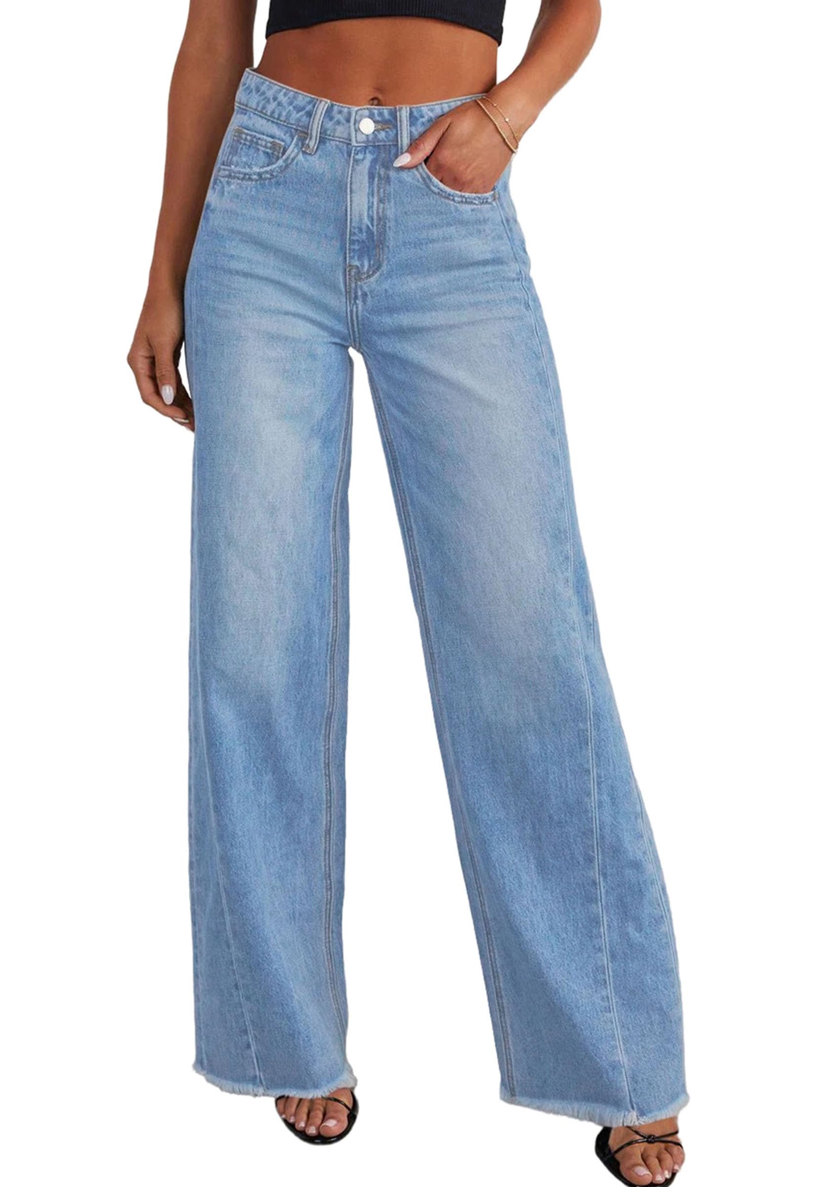 Women's Wide Leg Jeans Raw Hem Denim Pants,Sky Blue,4