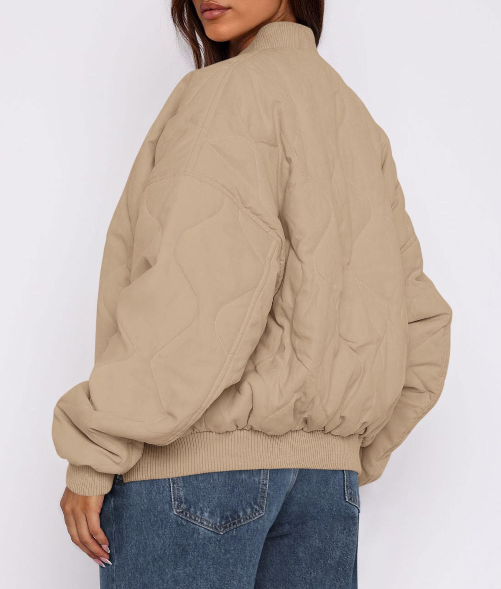 Women's Quilted Bomber Jacket Fall Fashion 2026 Lightweight Cropped Zip up Outerwear Winter Puffer Coats Pockets (Khaki,Small)