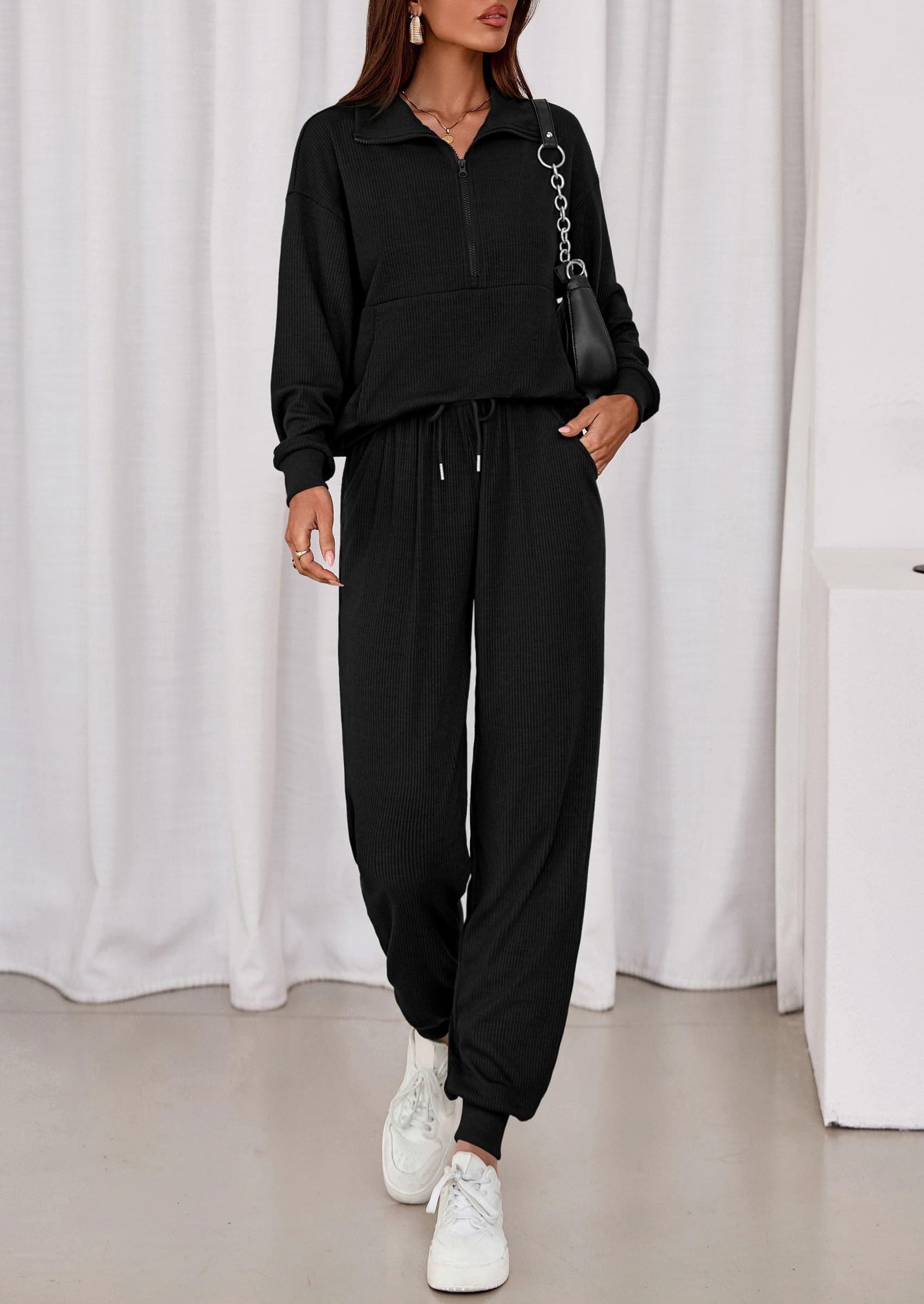 Airport Travel Outfit Women Ribbed Knit Matching Lounge Sets