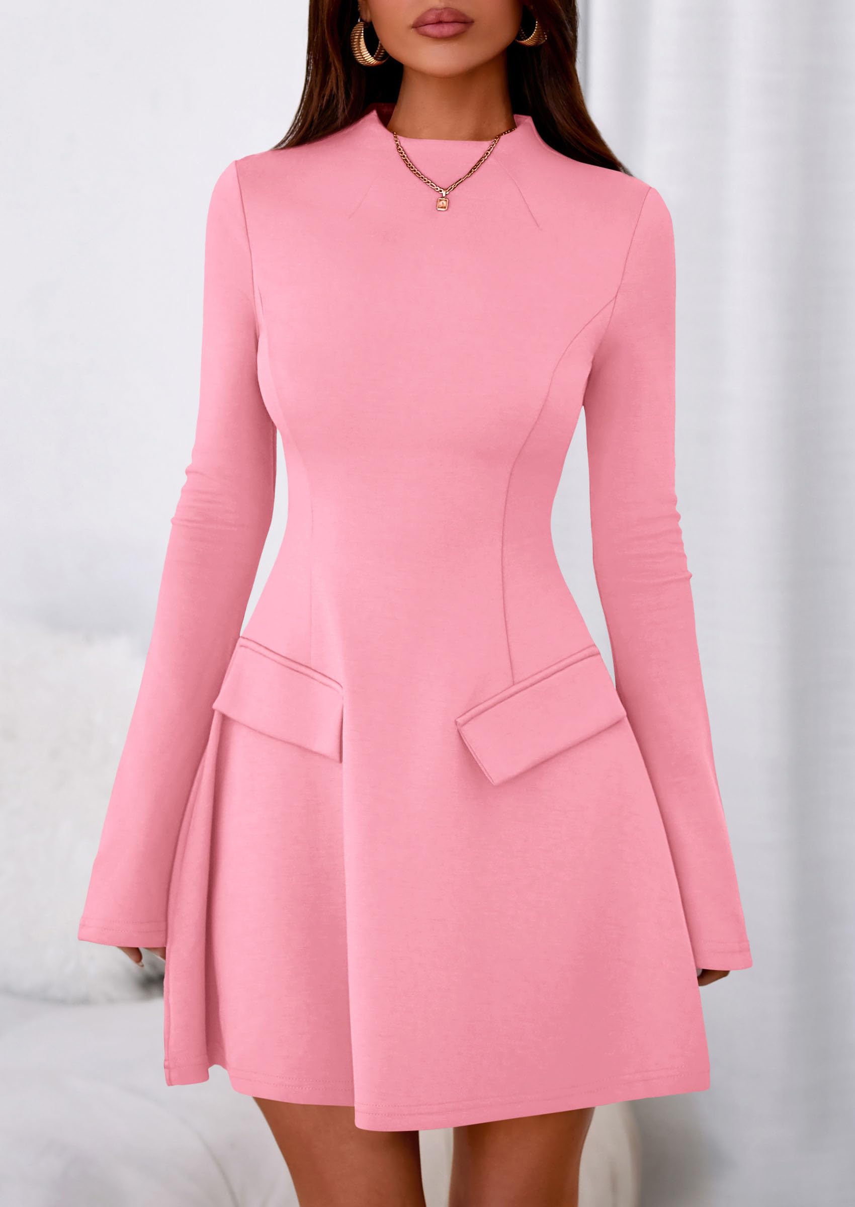 Women's Fall Bell Sleeve Short Dress,Pink,XS