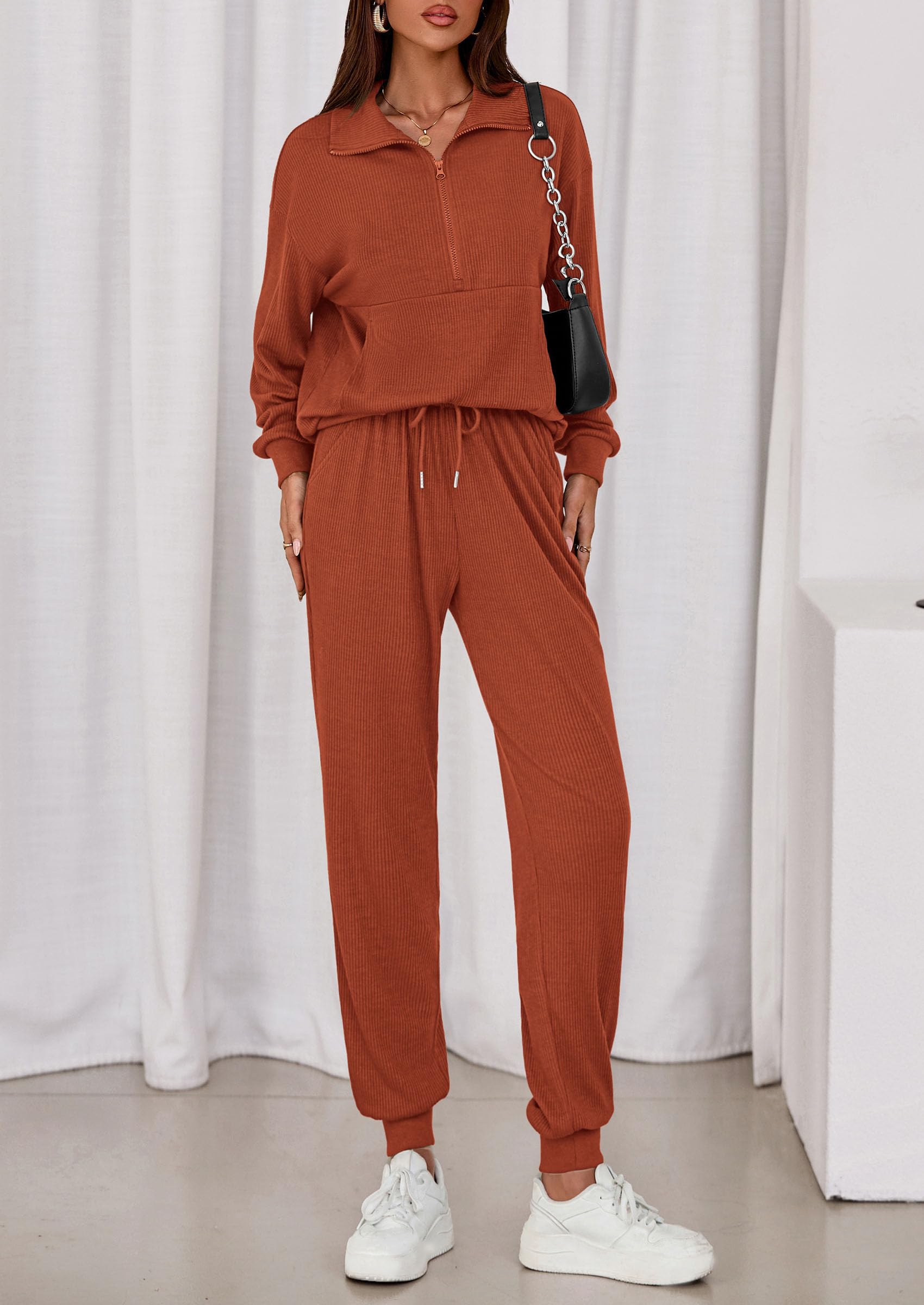 Airport Travel Outfit Women Ribbed Knit Matching Lounge Sets