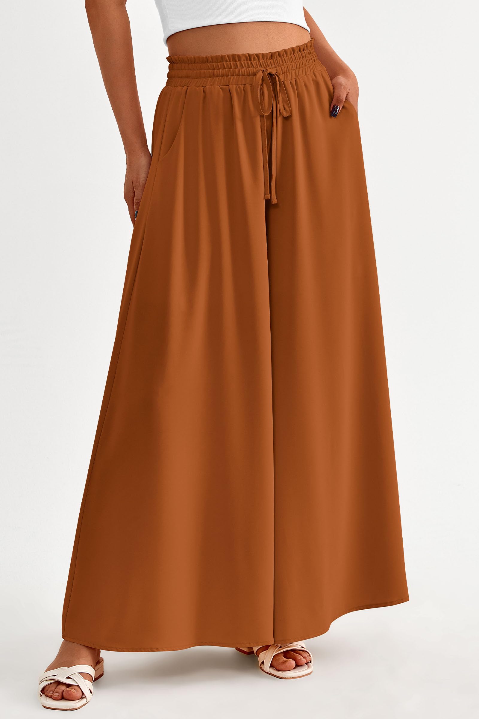Summer Wide Leg Palazzo Pants for Women Casual,Brown,S