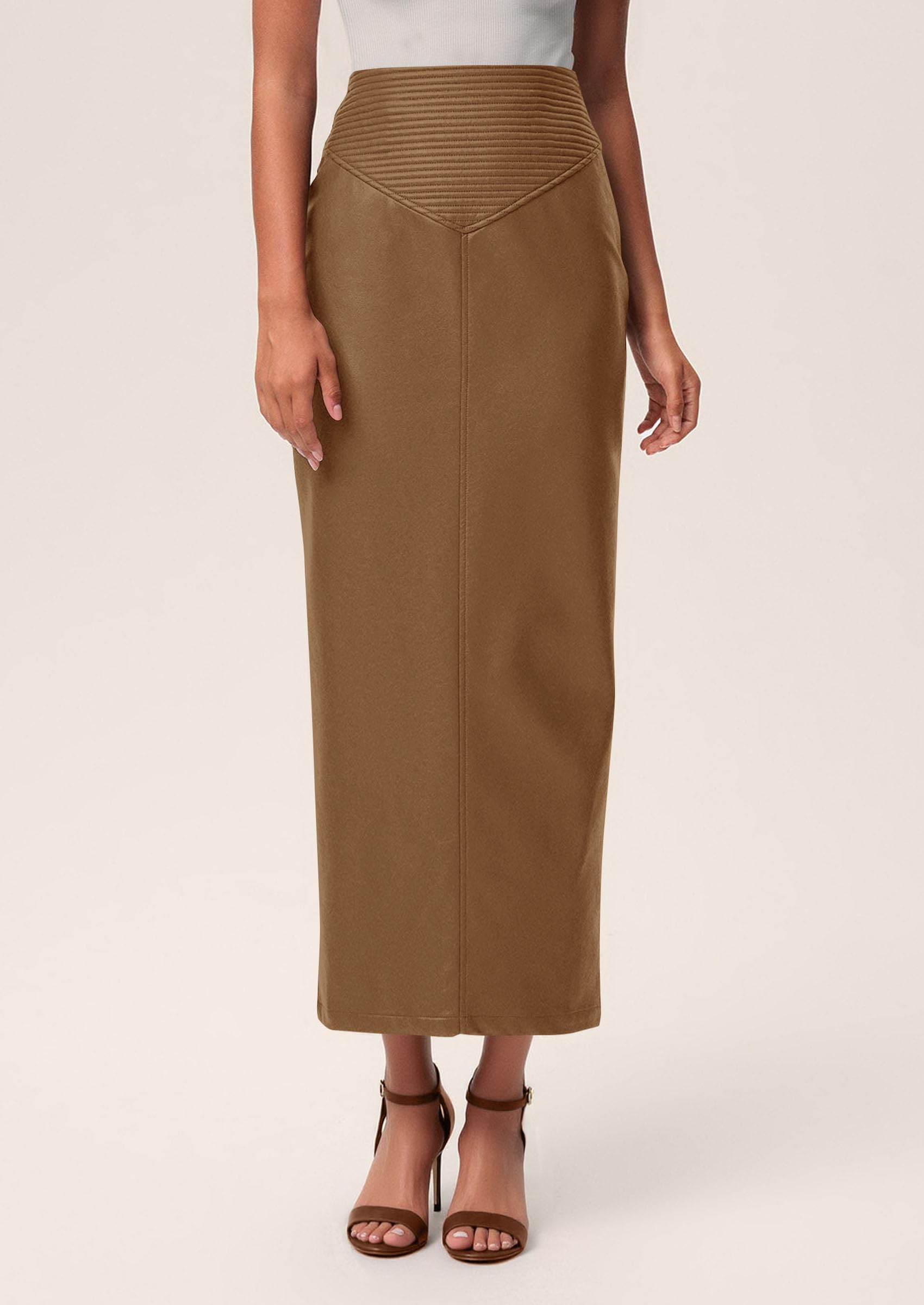 Women's Faux Leather High Waisted Maxi Skirts,Camel,XS