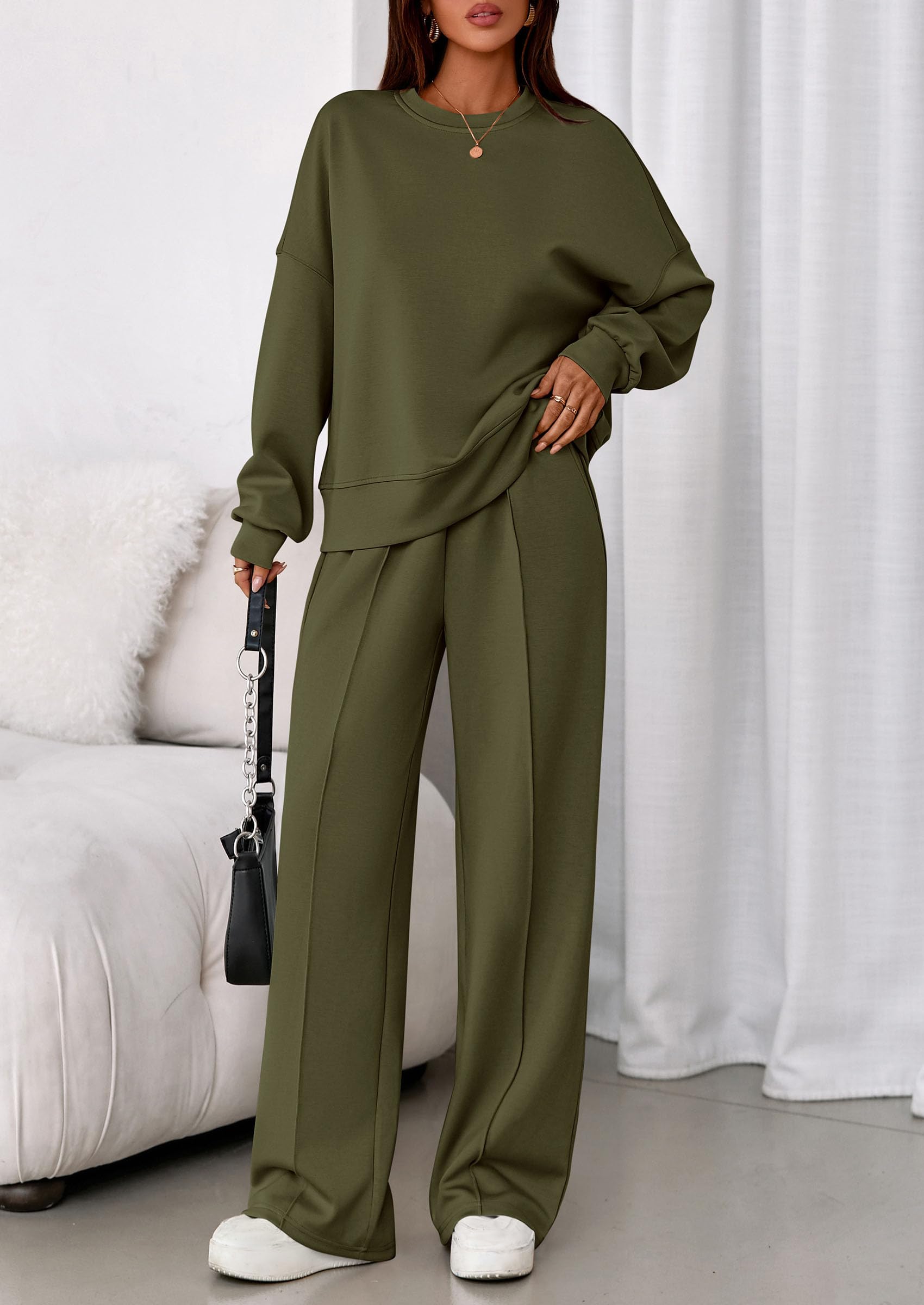 Womens Long Sleeve Sweatshirt 2 Piece Sets,Army Green,S