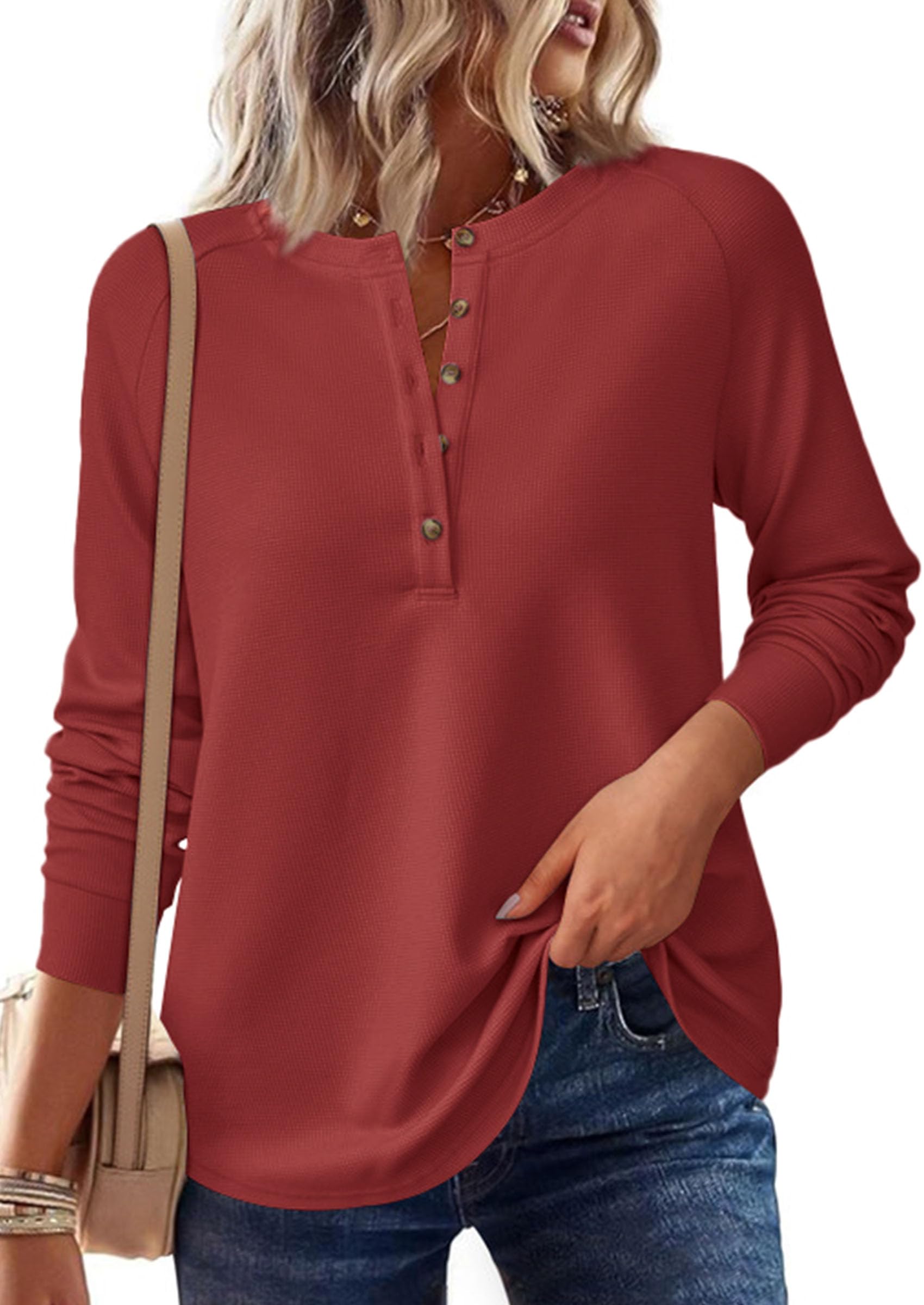 Women's Long Sleeve Waffle Knit Henley Shirts Loose Tunic Tops